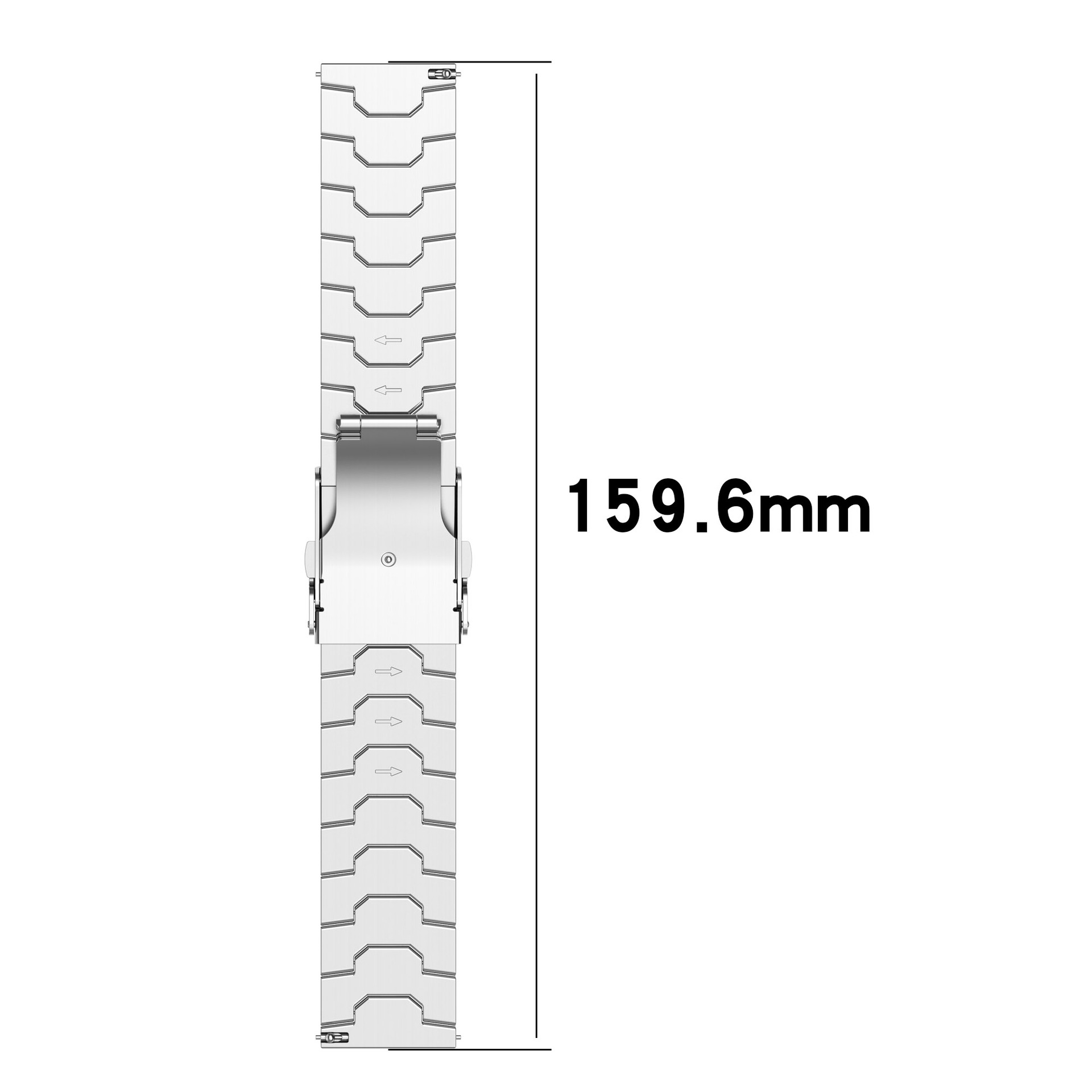 Ein weißes Uhrenarmband mit Stahlverschluss. Das Band wird mit 159,6 mm gemessen und neben dem Band angezeigt.