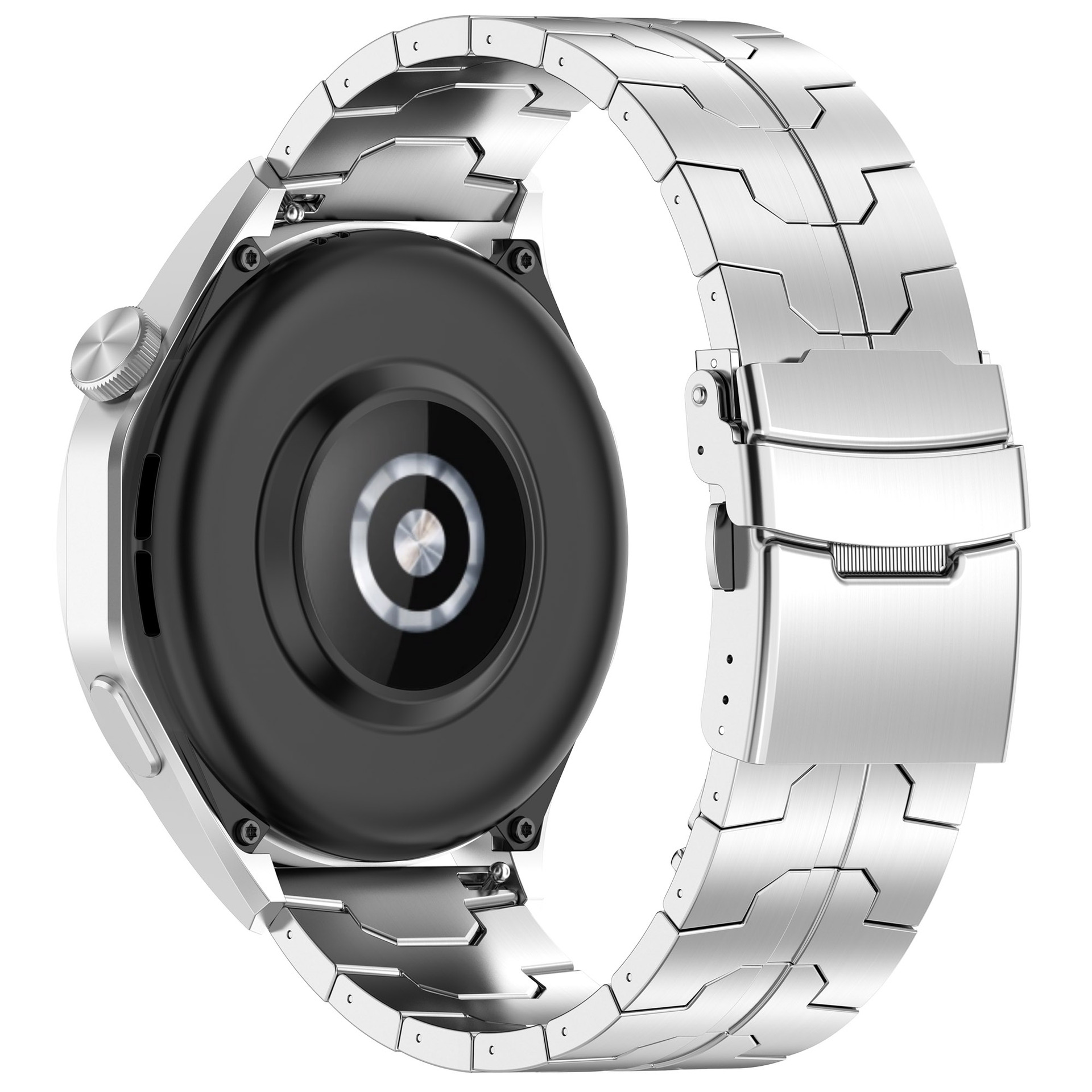 Silbernes Uhrenarmband an einer schwarzen Uhr. Metallglieder bilden ein kreisförmiges Band.
