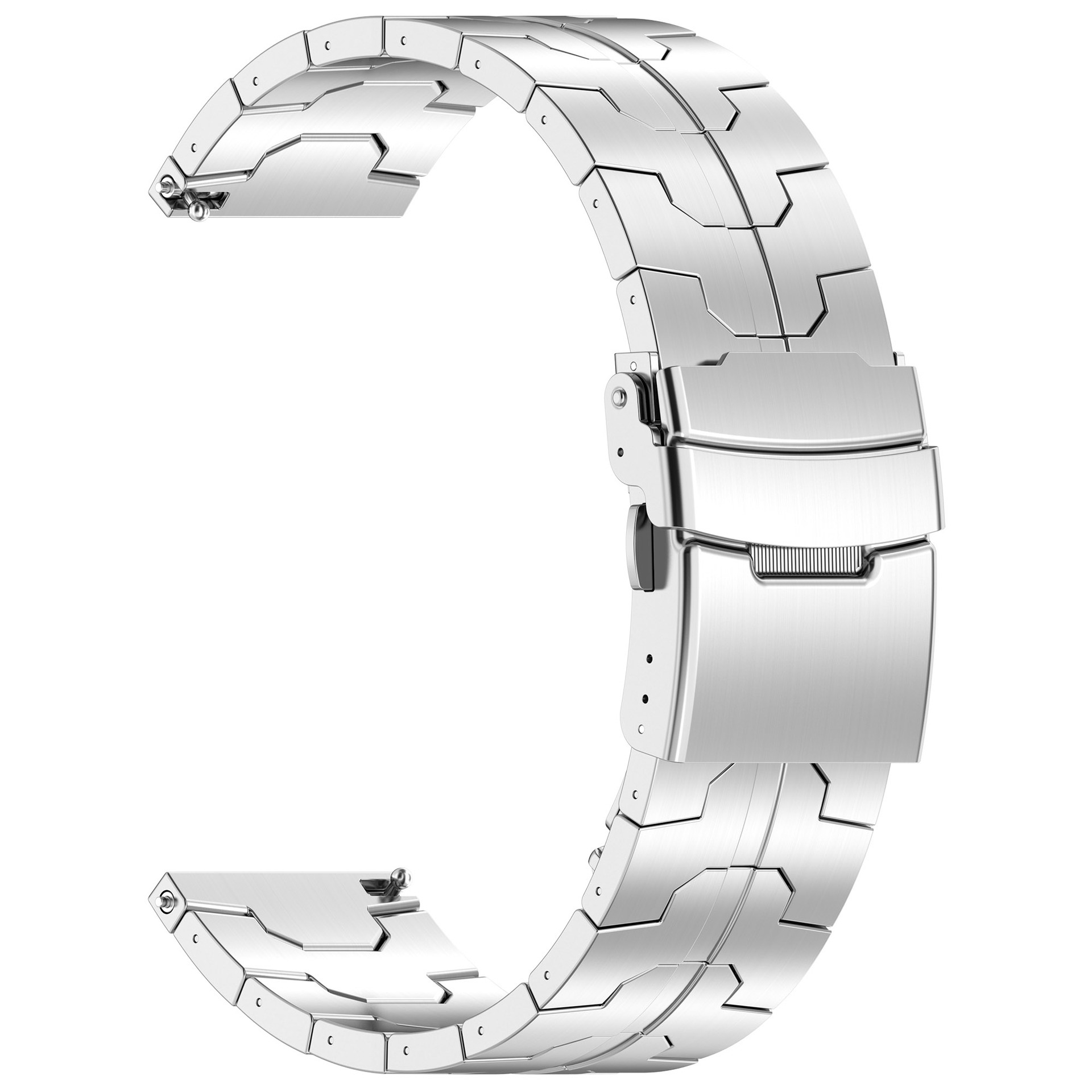 Silbernes Metall-Uhrenarmband mit Verschluss. Das Armband besteht aus ineinandergreifenden Teilen.