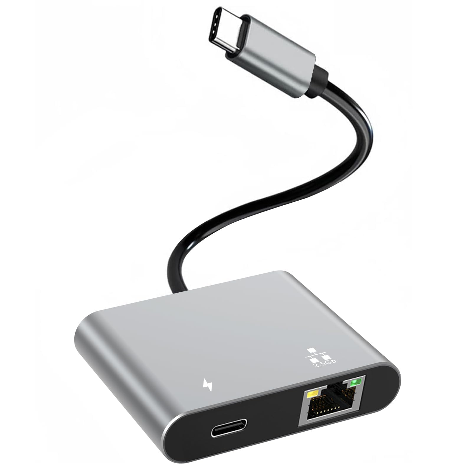 Silberner Adapter mit USB-C-Kabel und USB-Anschluss. Ethernet-Anschluss und eine Betriebsanzeige. Schwarzes Kabel.