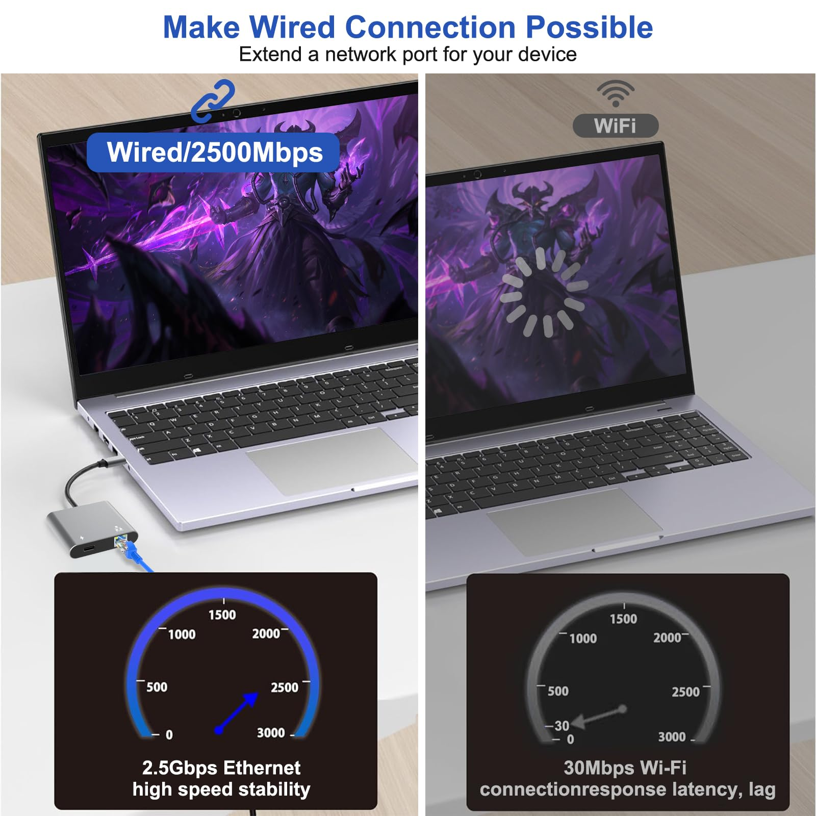 Zwei Laptops zeigen Geschwindigkeitstests. Einer per Kabel, der andere per WLAN verbunden.