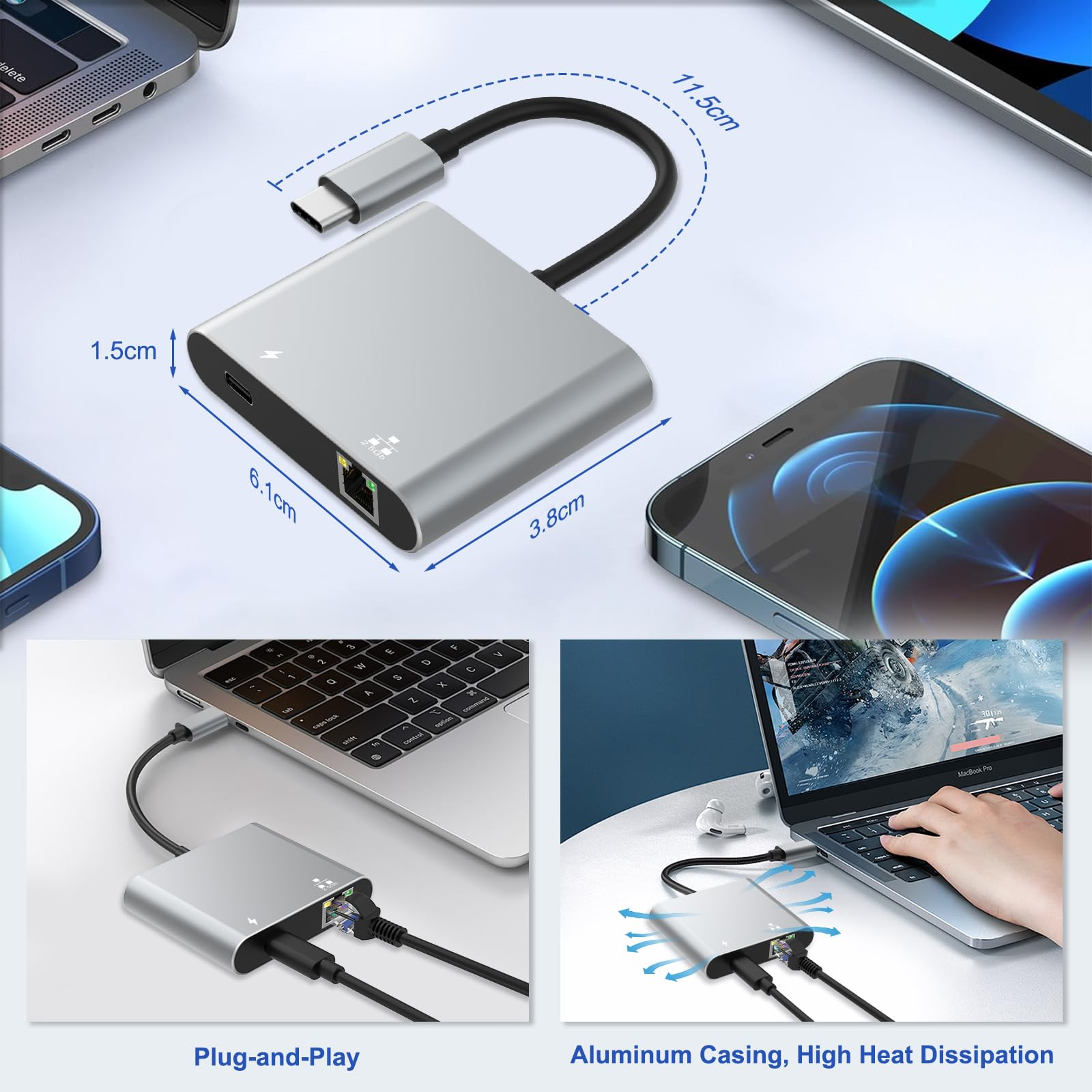Ein silberner USB-C-Hub mit mehreren Anschlüssen ist mit einem Laptop und einem Telefon verbunden, mit Abmessungen.