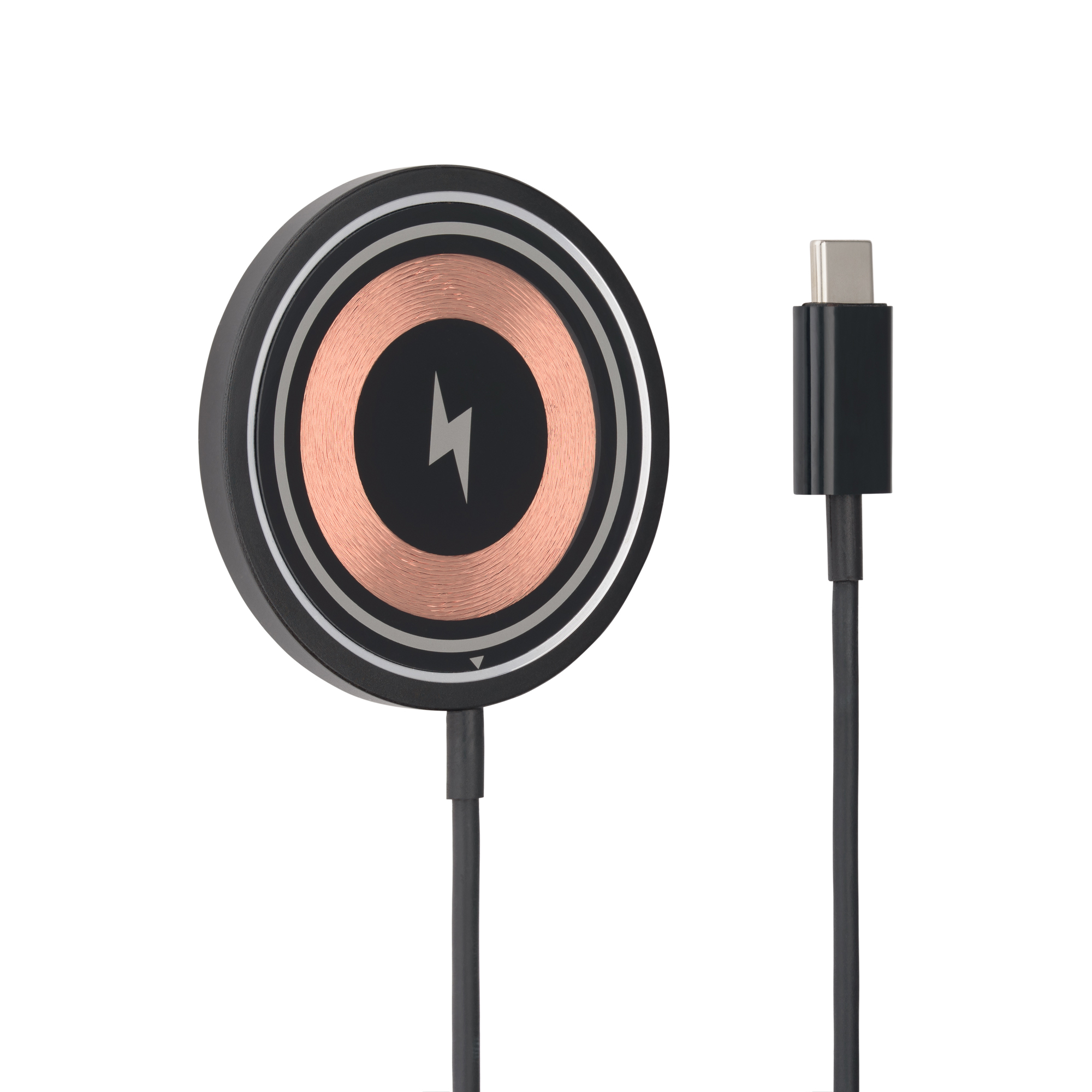 Czarna i miedziana ładowarka bezprzewodowa z symbolem błyskawicy i czarnym kablem.