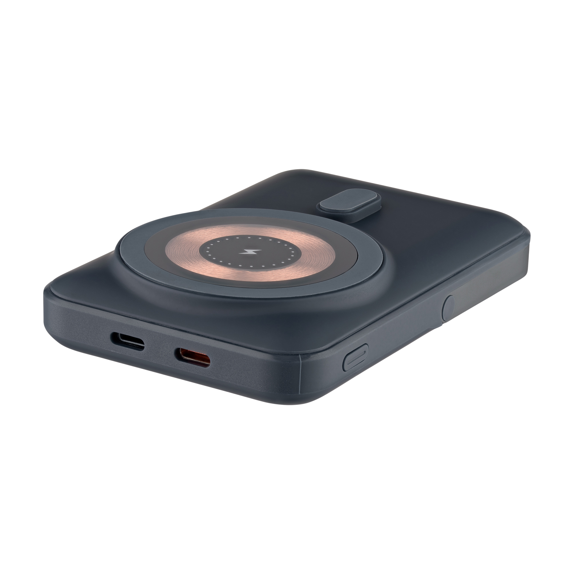 Eine dunkelgraue, rechteckige Powerbank mit einem kreisförmigen Ladepad.
