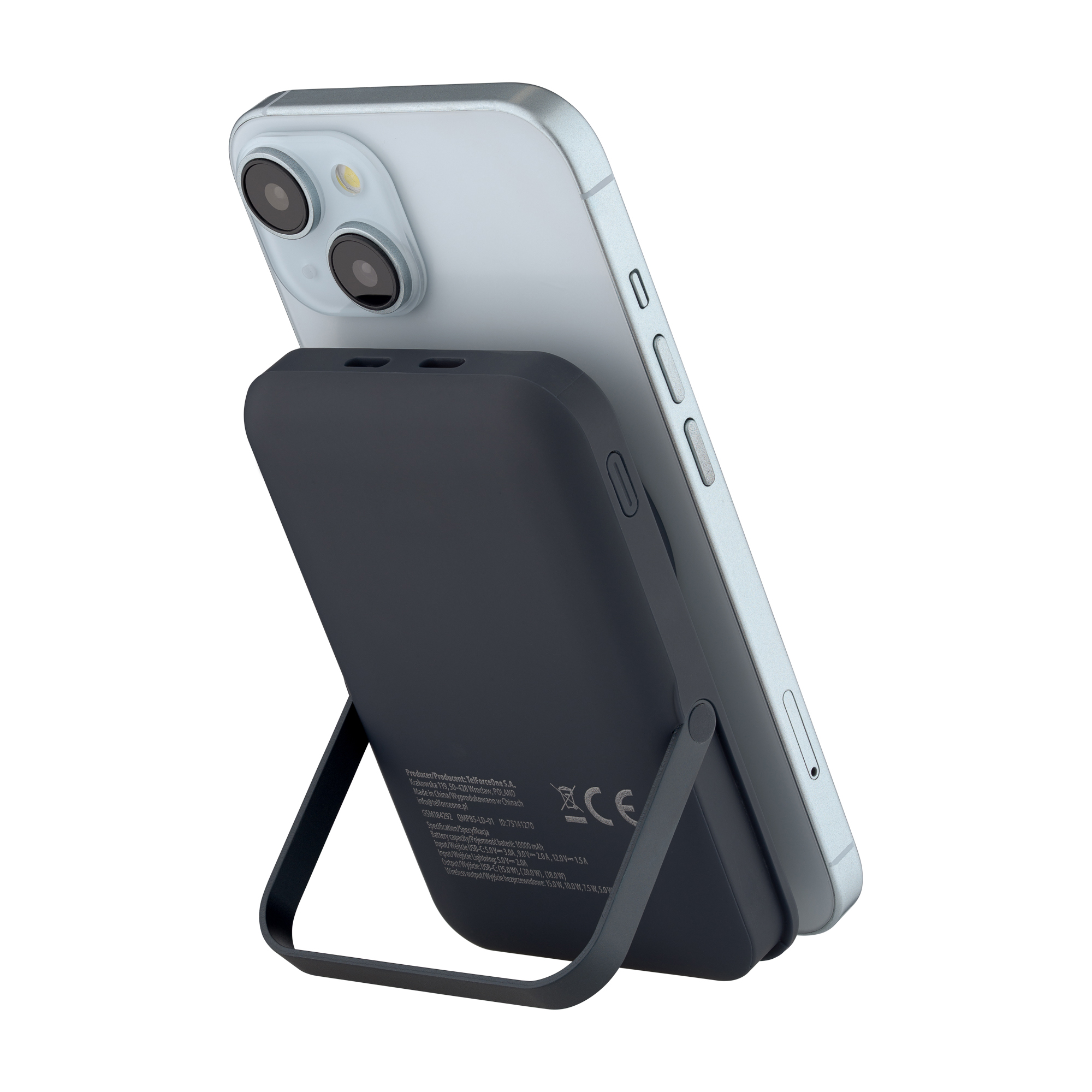 Schwarzes, tragbares Telefonladegerät, das aufrecht steht, mit angeschlossenem Telefon.
