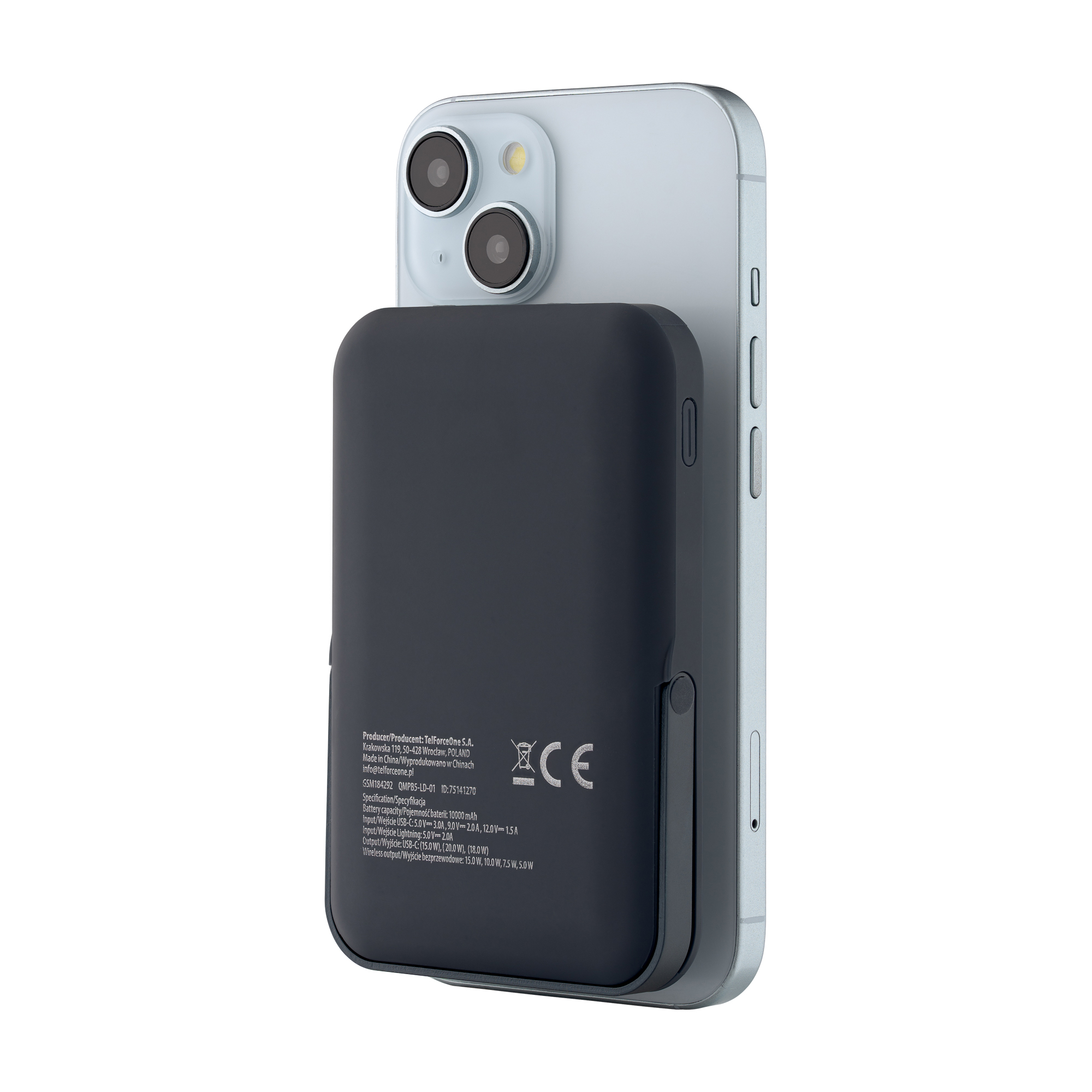 Schwarze Powerbank, die an einem silbernen Telefon befestigt ist.