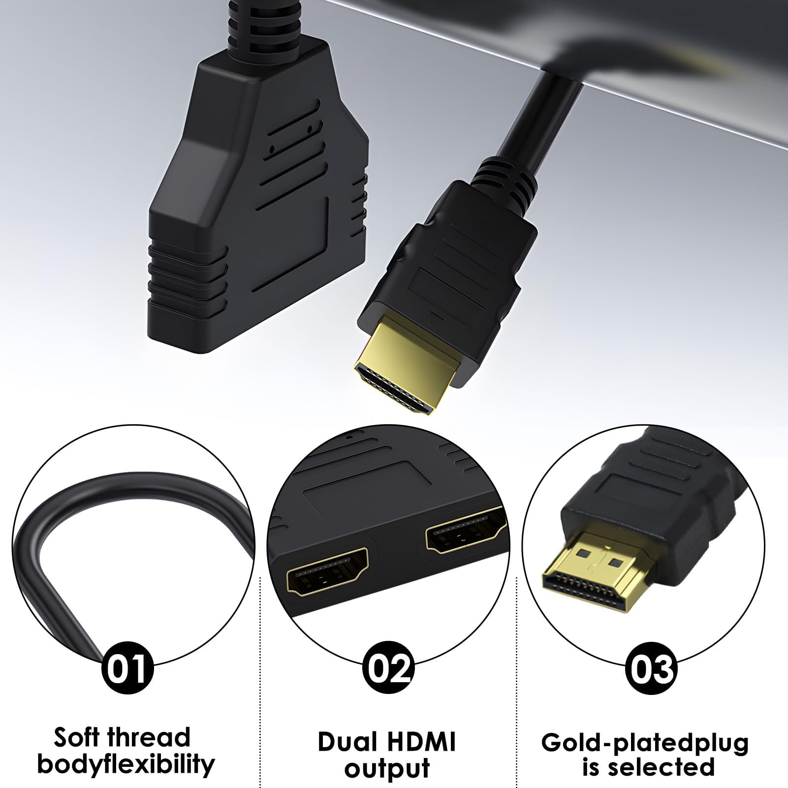 Ein HDMI-Kabel mit vergoldeten Steckern und Nahaufnahmen mit Details. Schwarze Stecker und Kabel.