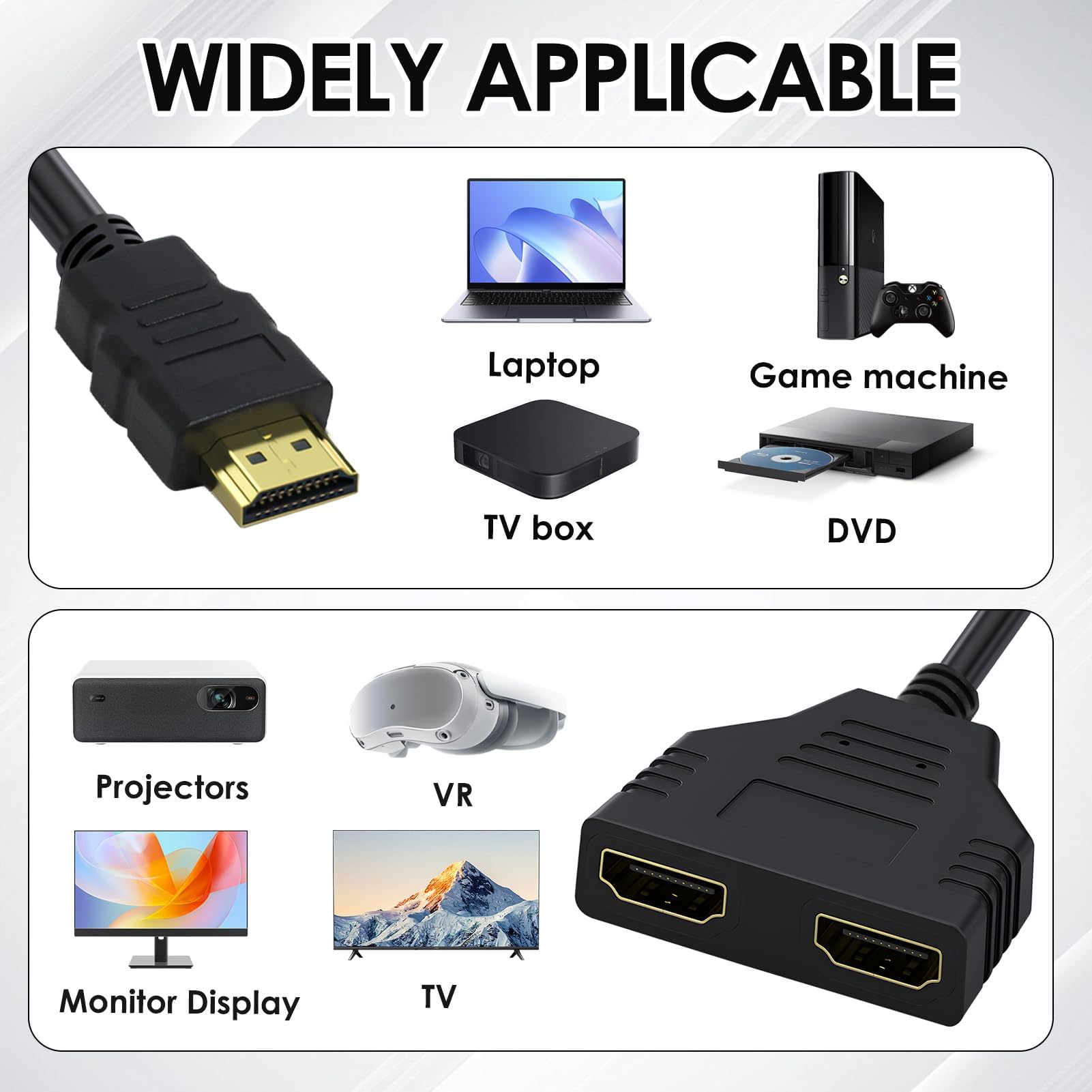 HDMI-Kabel, das mit verschiedenen Geräten verbunden ist, darunter Laptop, Fernseher, Projektor.