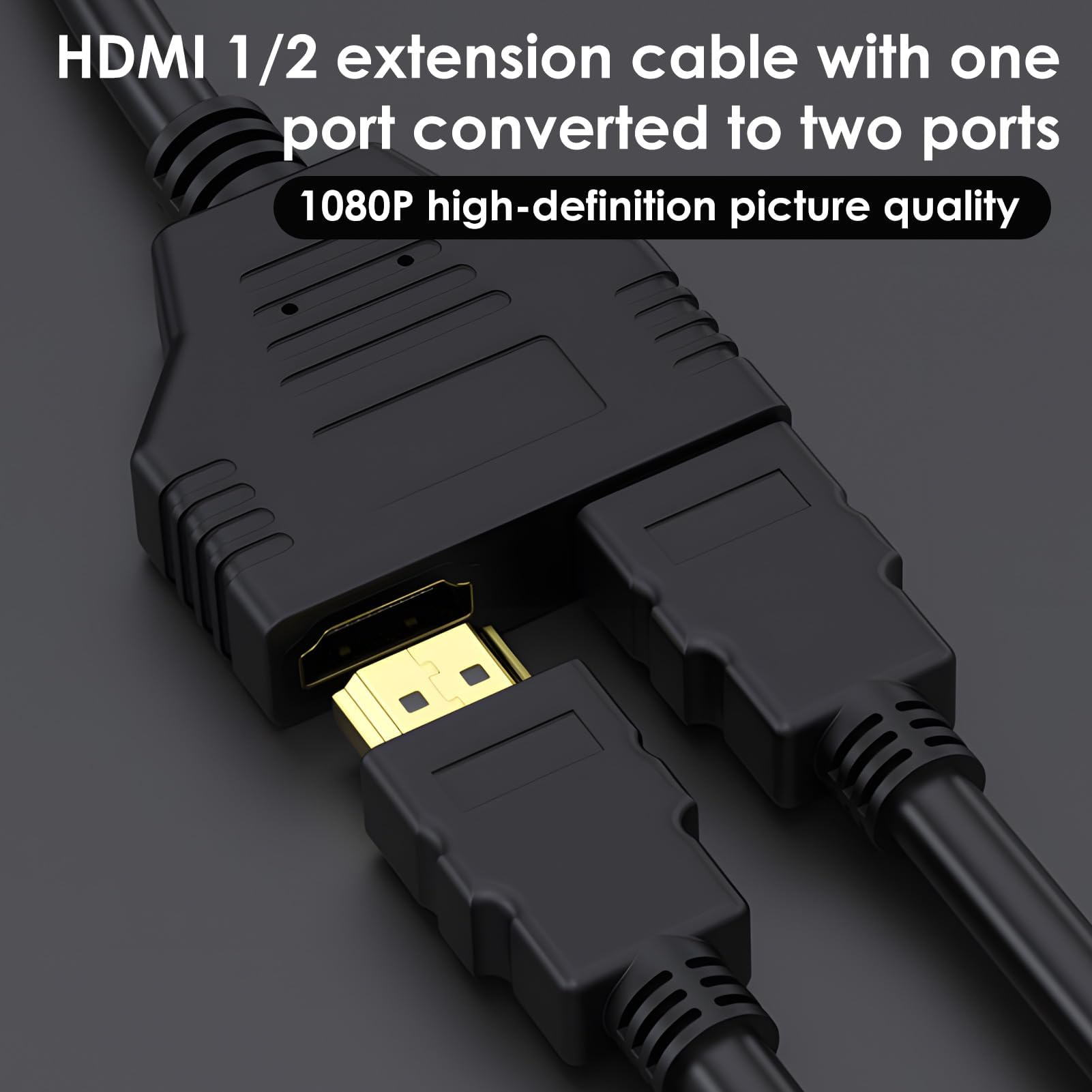 Ein schwarzes HDMI 1/2 Verlängerungskabel mit zwei Anschlüssen. Das Kabel ist schwarz mit goldenen Steckern.