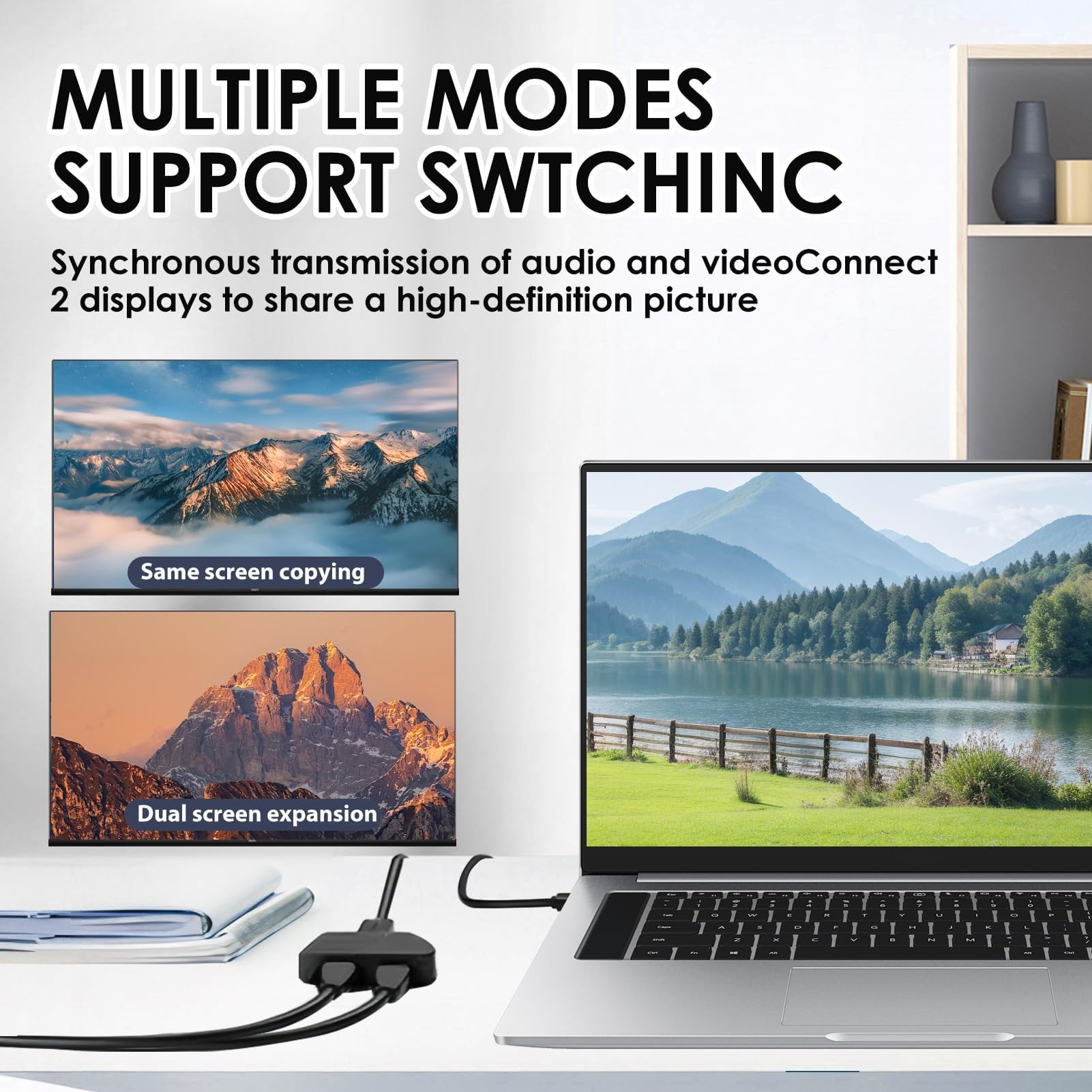 Laptop mit Multiport-Adapter verbunden, zwei Bildschirme zeigen Landschaftsbilder. Text: Mehrere Modi unterstützen das Umschalten.