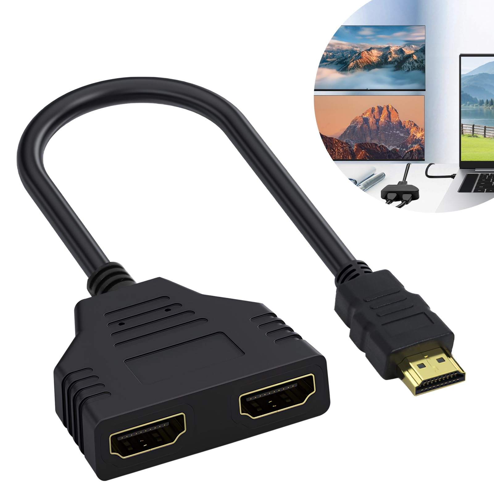 Schwarzes HDMI-Splitterkabel mit zwei HDMI-Anschlüssen und einem einzelnen Anschluss. Bildschirme und ein Laptop werden angezeigt.