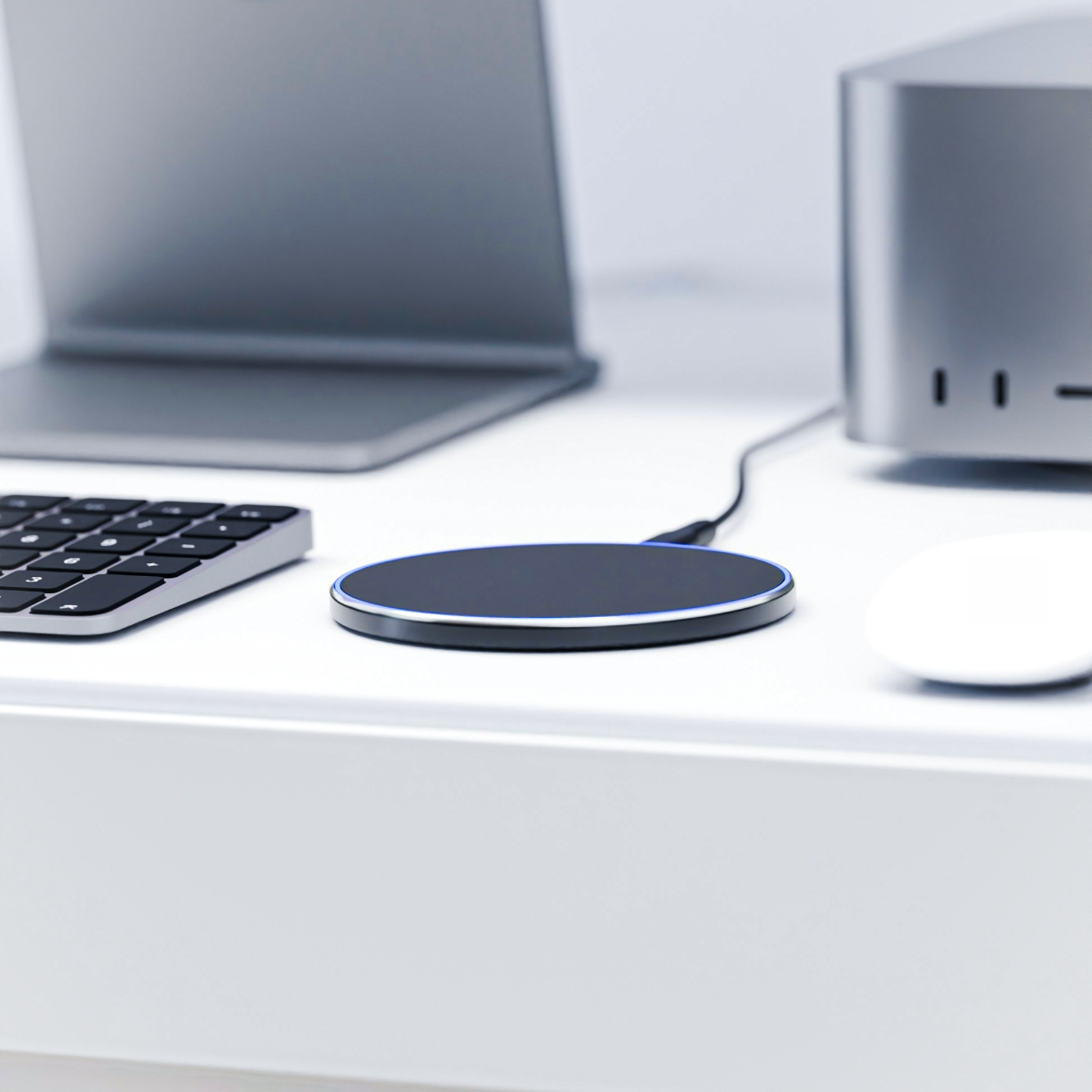 Ładowarka bezprzewodowa i akcesoria komputerowe na białym biurku. Laptop, klawiatura i mysz.