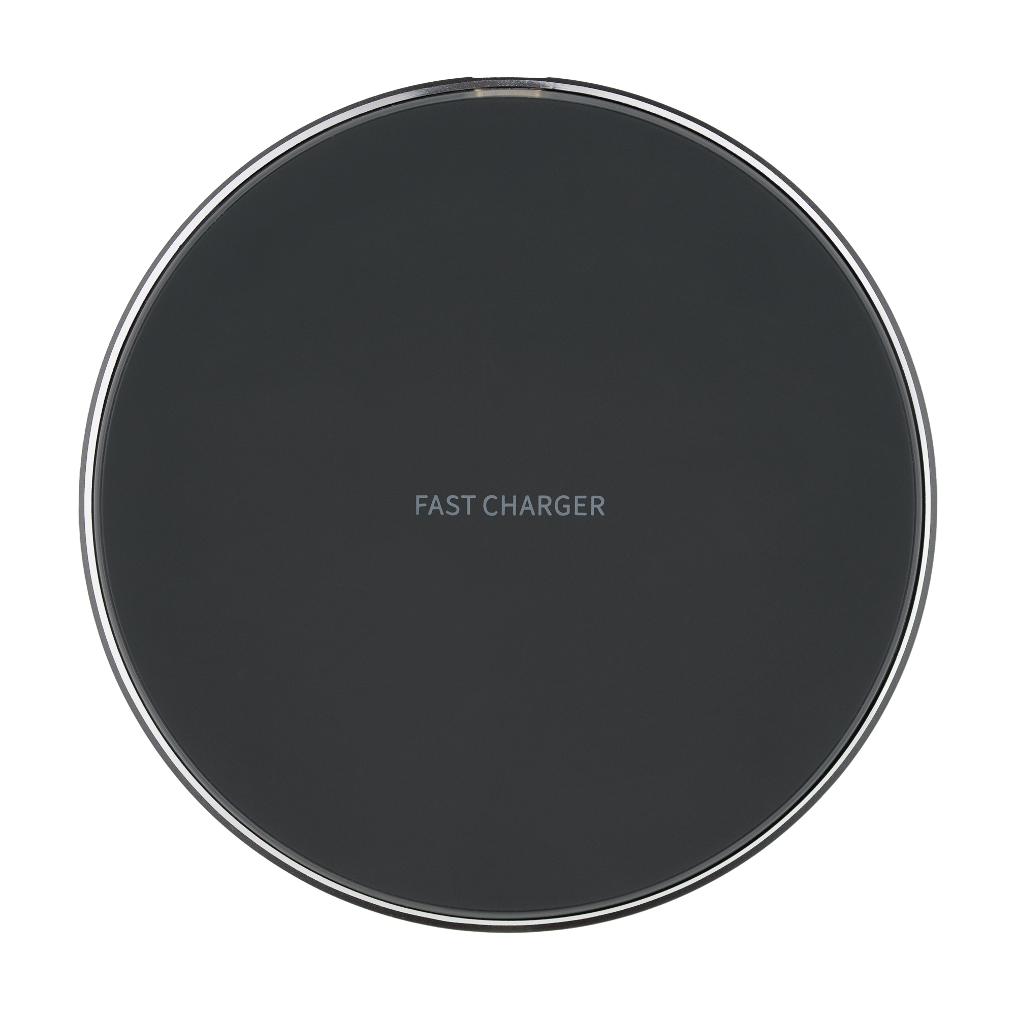 Czarna ładowarka bezprzewodowa. Ładowarka jest okrągła i ma srebrny pierścień na krawędzi.