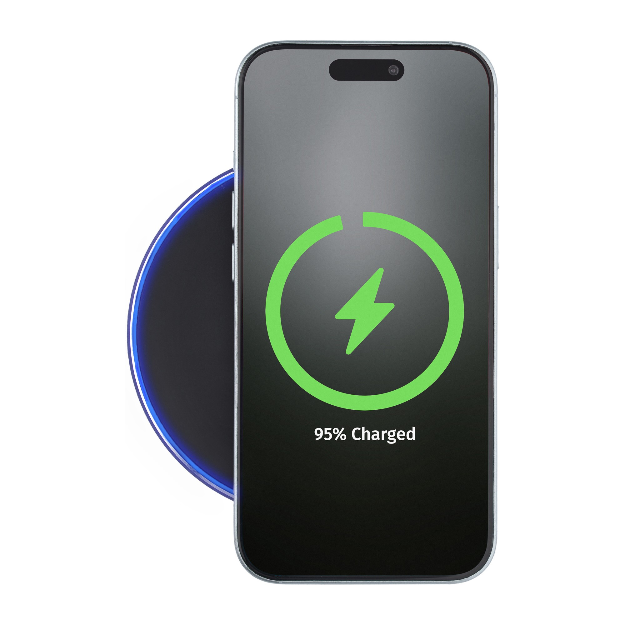 Telefon na ładowarce bezprzewodowej, pokazujący 95% naładowania. Ładowarka jest niebieska.