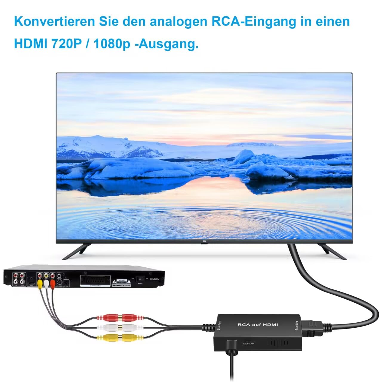 Ein Fernseher ist an einen schwarzen RCA-zu-HDMI-Konverter angeschlossen. Der Konverter ist an einen DVD-Player angeschlossen.
