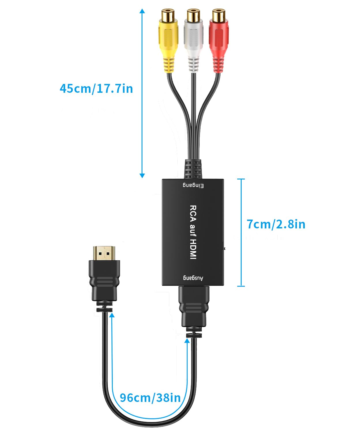 Ein RCA-zu-HDMI-Adapter mit drei Cinch-Kabeln und einem HDMI-Kabel. Abmessungen sind angegeben.