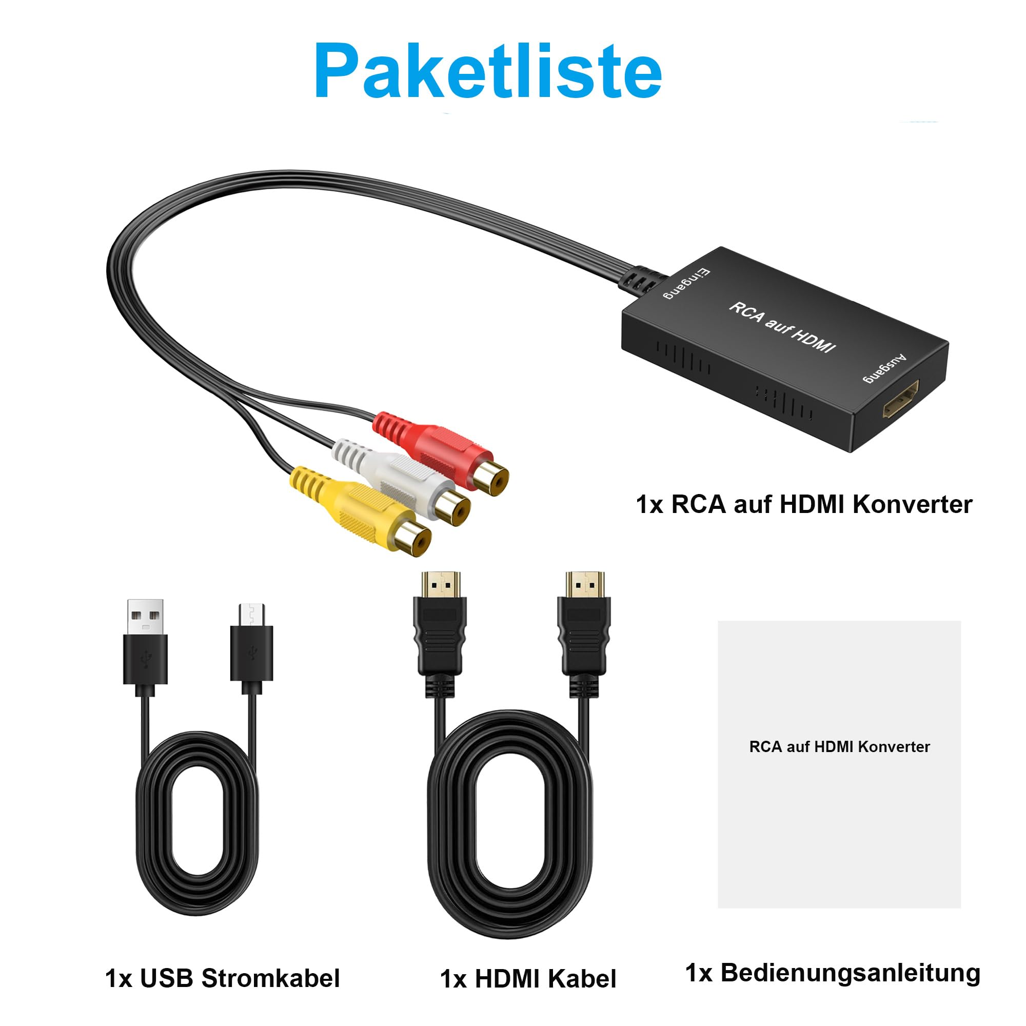 Packungsinhalt: RCA-zu-HDMI-Konverter, HDMI-Kabel, USB-Kabel und Bedienungsanleitung.