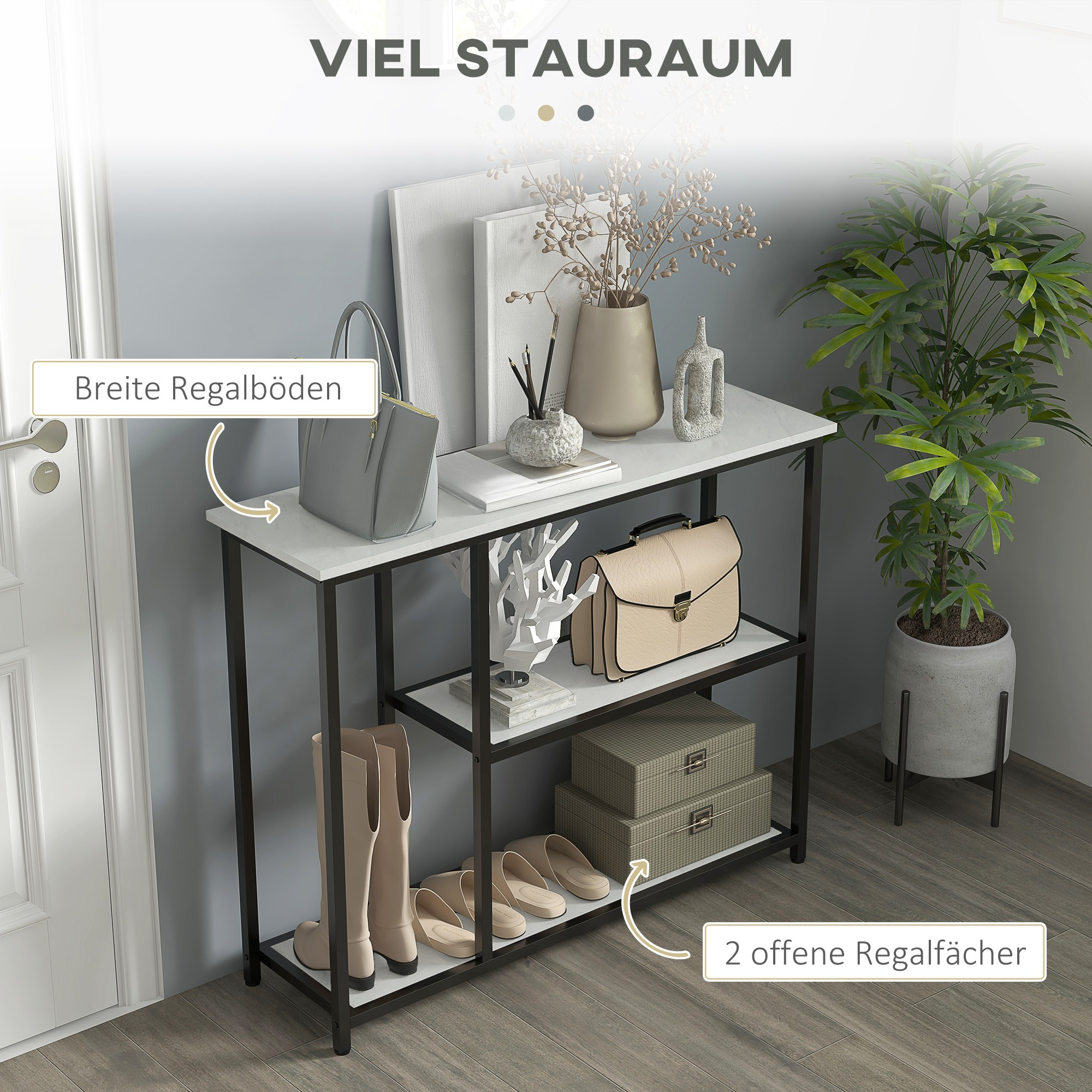 Konsolentisch mit Gegenständen darauf. Text an der Wand. Beige Handtasche und Schuhe im Regal.