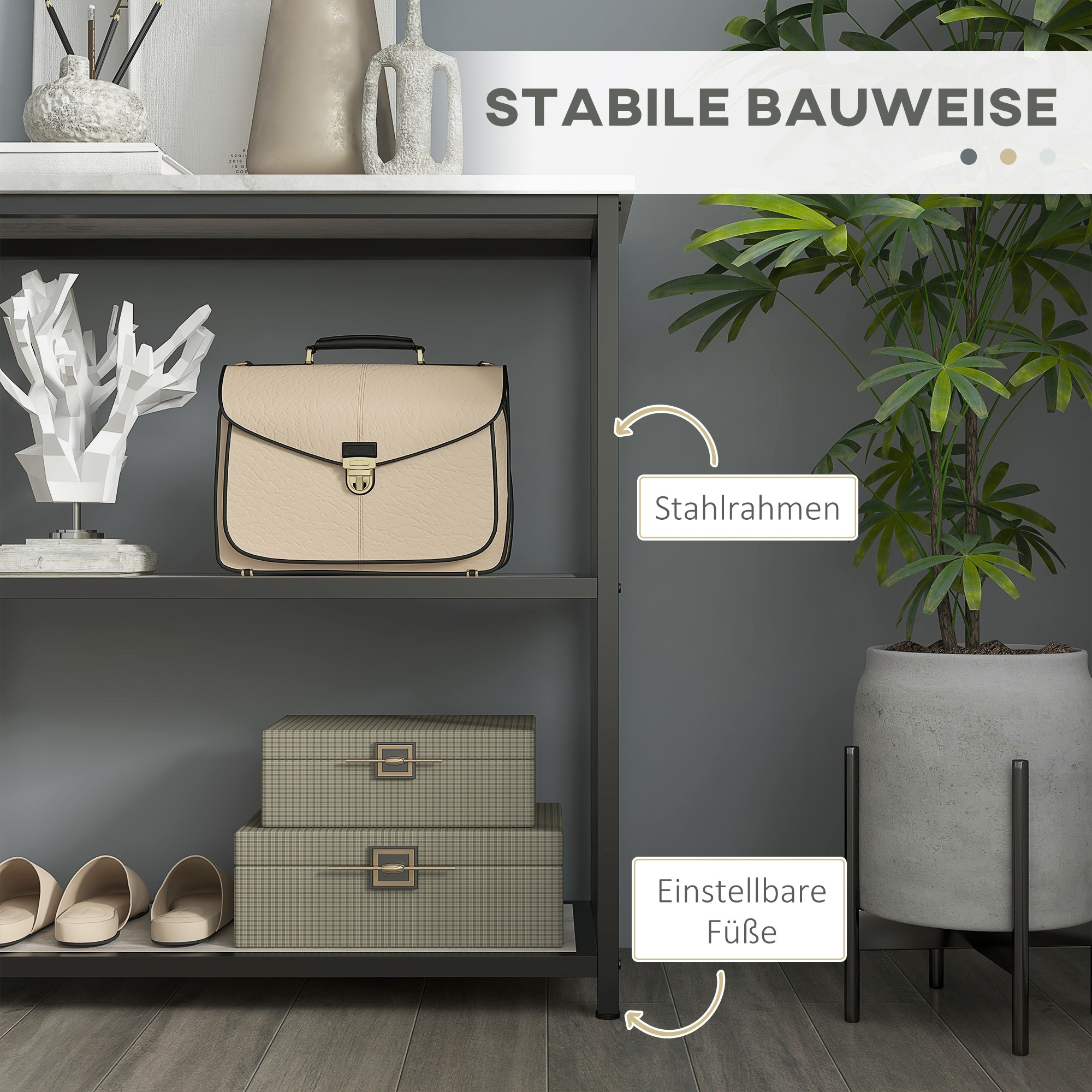 Ein Regal mit Tasche, Kisten und Pflanze. Text zeigt 'Stabile Bauweise'.