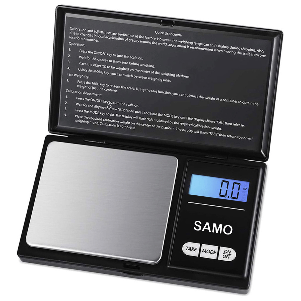 Digitale Waage mit schwarzem Gehäuse, kleinem Display und Funktionstasten und einer Bedienungsanleitung.