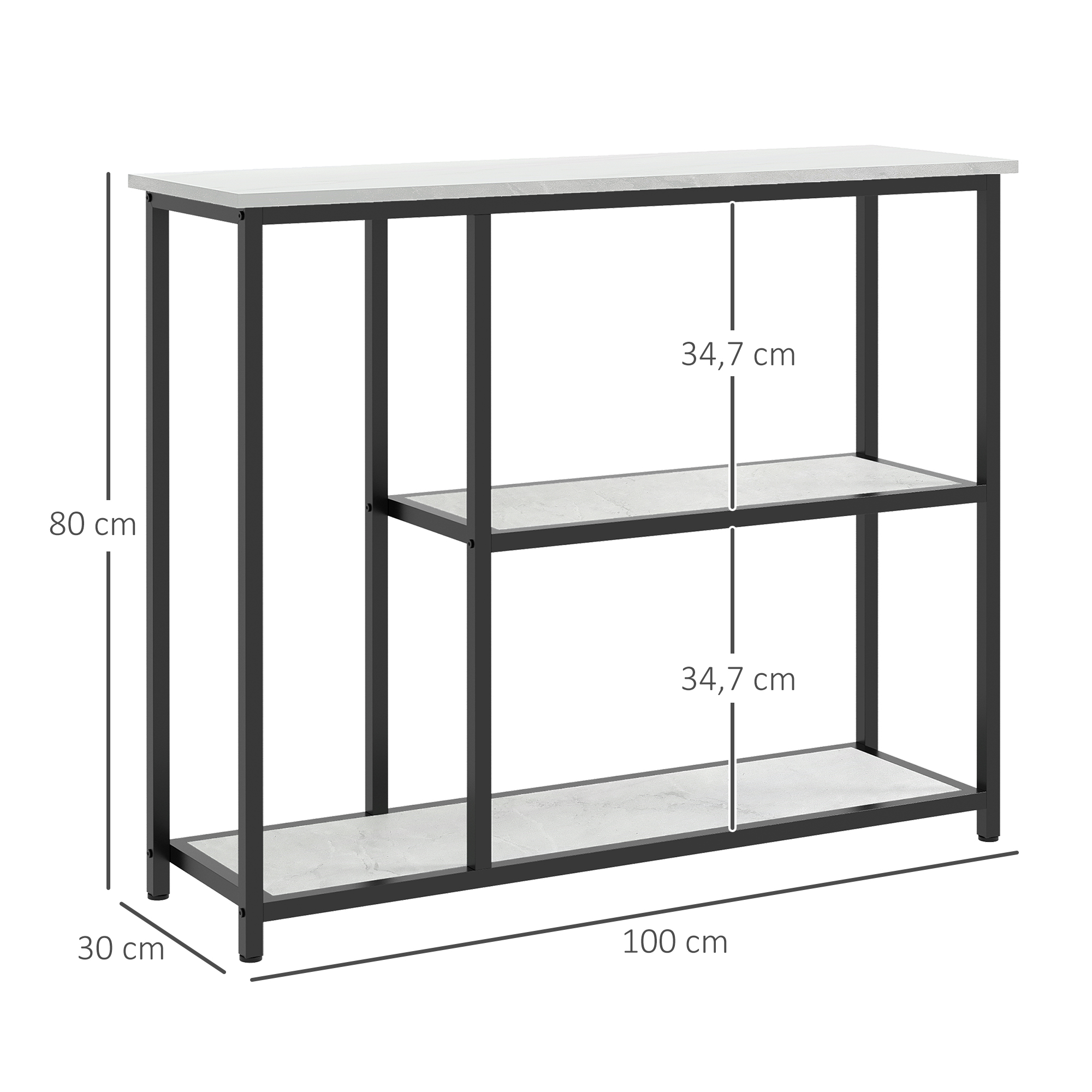 Ein weißes und schwarzes Regal mit zwei Ablagen, Abmessungen in Zentimetern sind angegeben.
