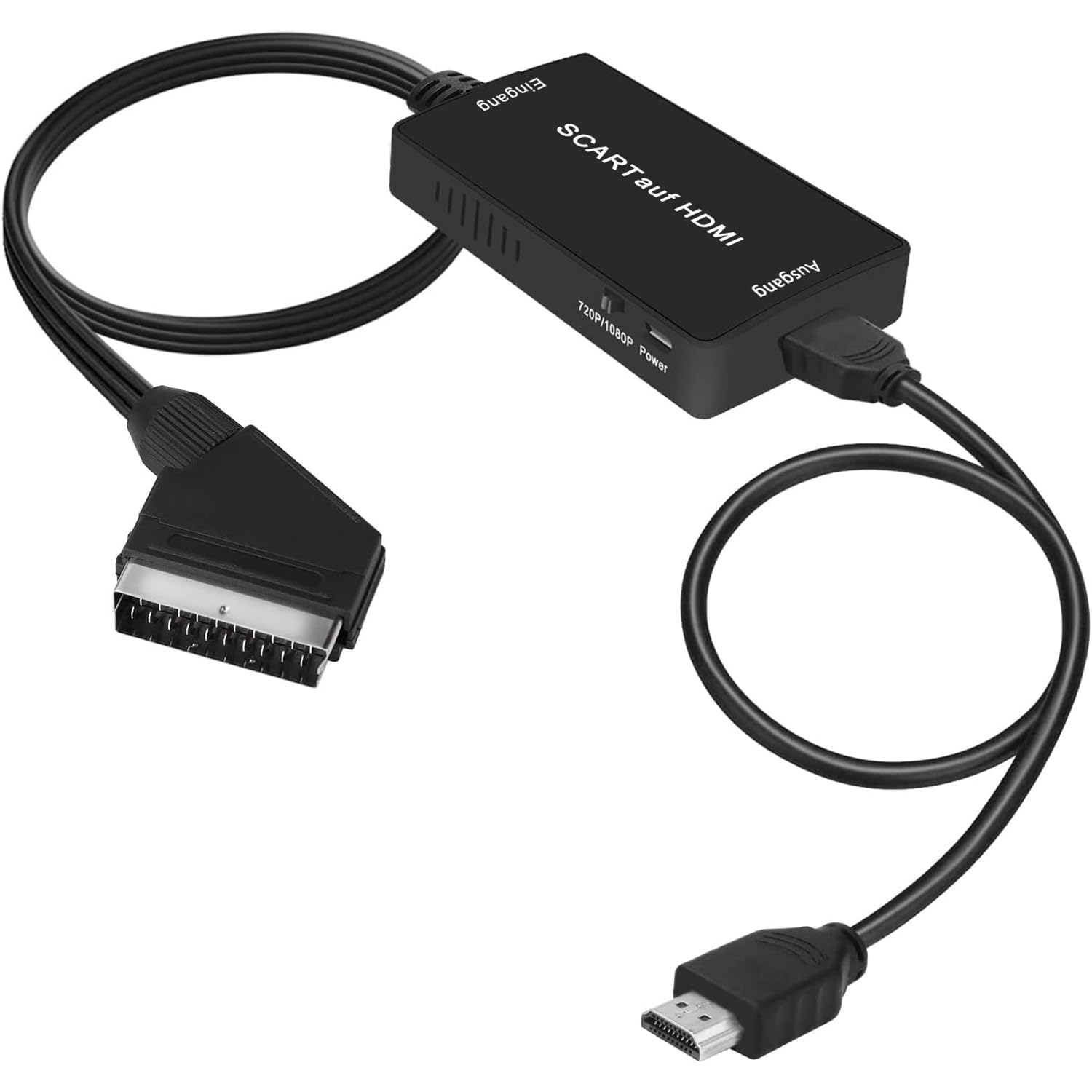 Ein schwarzes SCART-zu-HDMI-Adapterkabel mit Anschlüssen an beiden Enden.