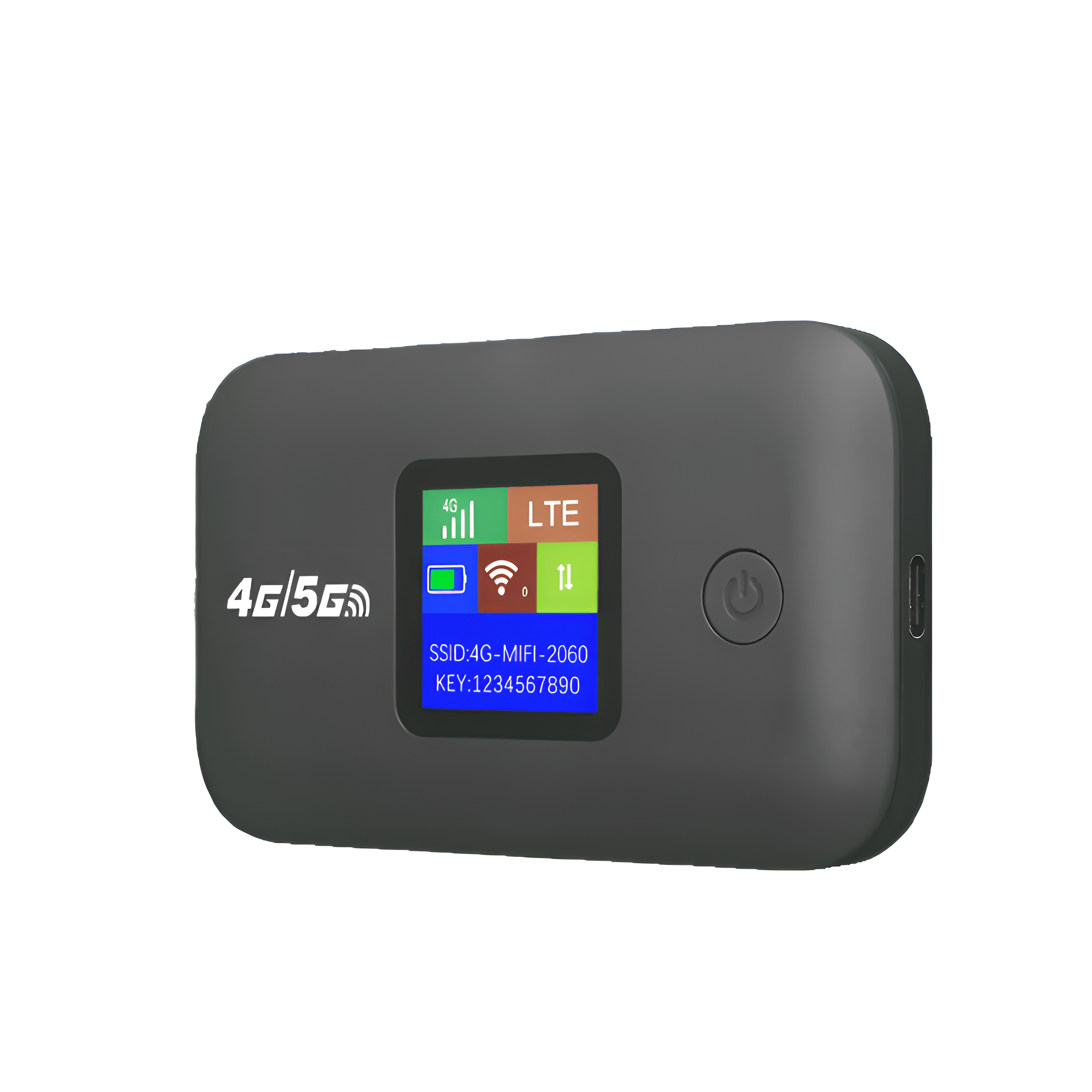 Ein schwarzer 4G/5G WLAN-Router mit Bildschirm, der den WLAN-Status anzeigt, und einer Power-Taste.