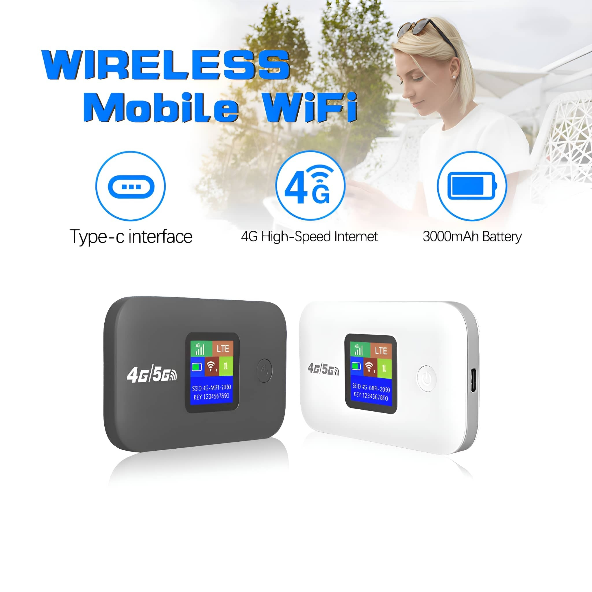 Zwei mobile WLAN-Geräte. Eines schwarz, eines weiß, mit Symbolen und Text.