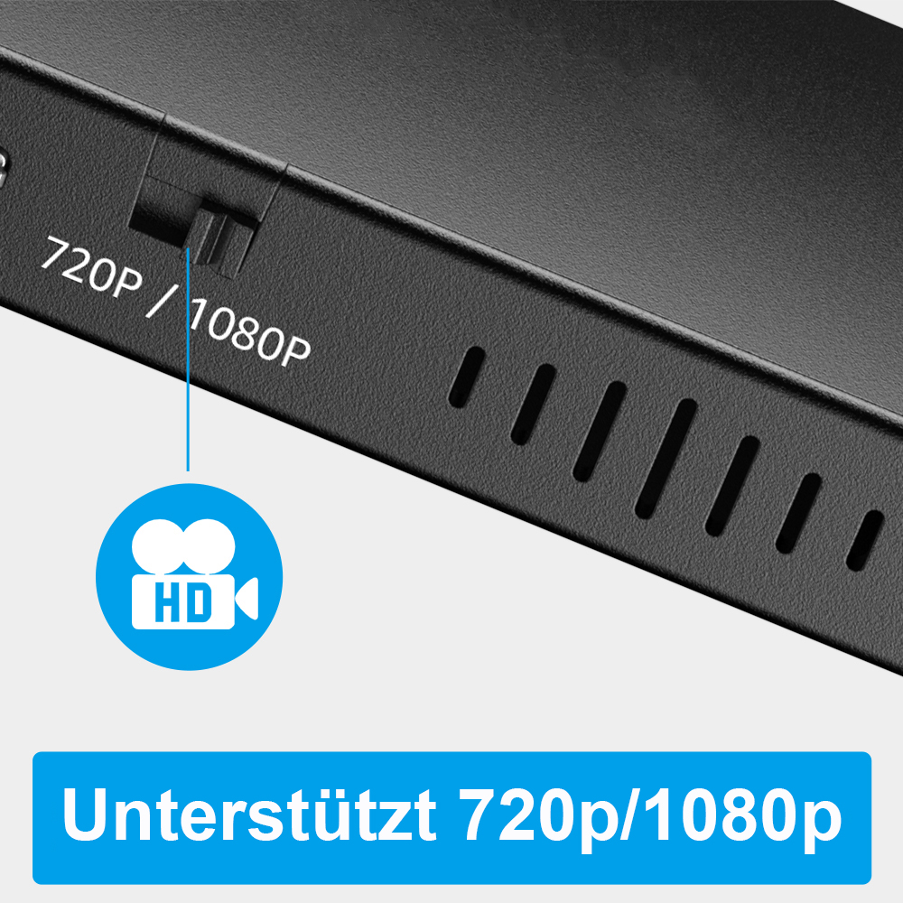 Nahaufnahme eines schwarzen Geräts mit Anschlüssen und einem Schalter mit der Bezeichnung 720P/1080P und HD-Logo.