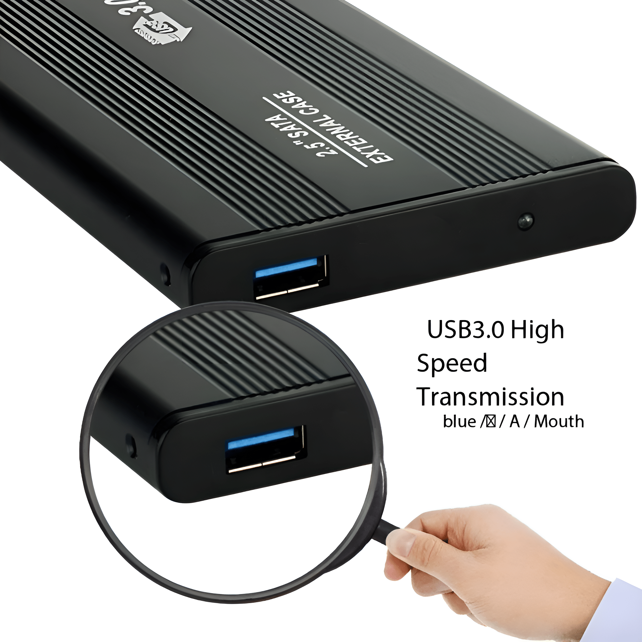 Schwarze externe Festplatte mit USB-Anschluss in vergrößertem Kreis. Zeigt auch USB 3.0 und 2,5" SATA.