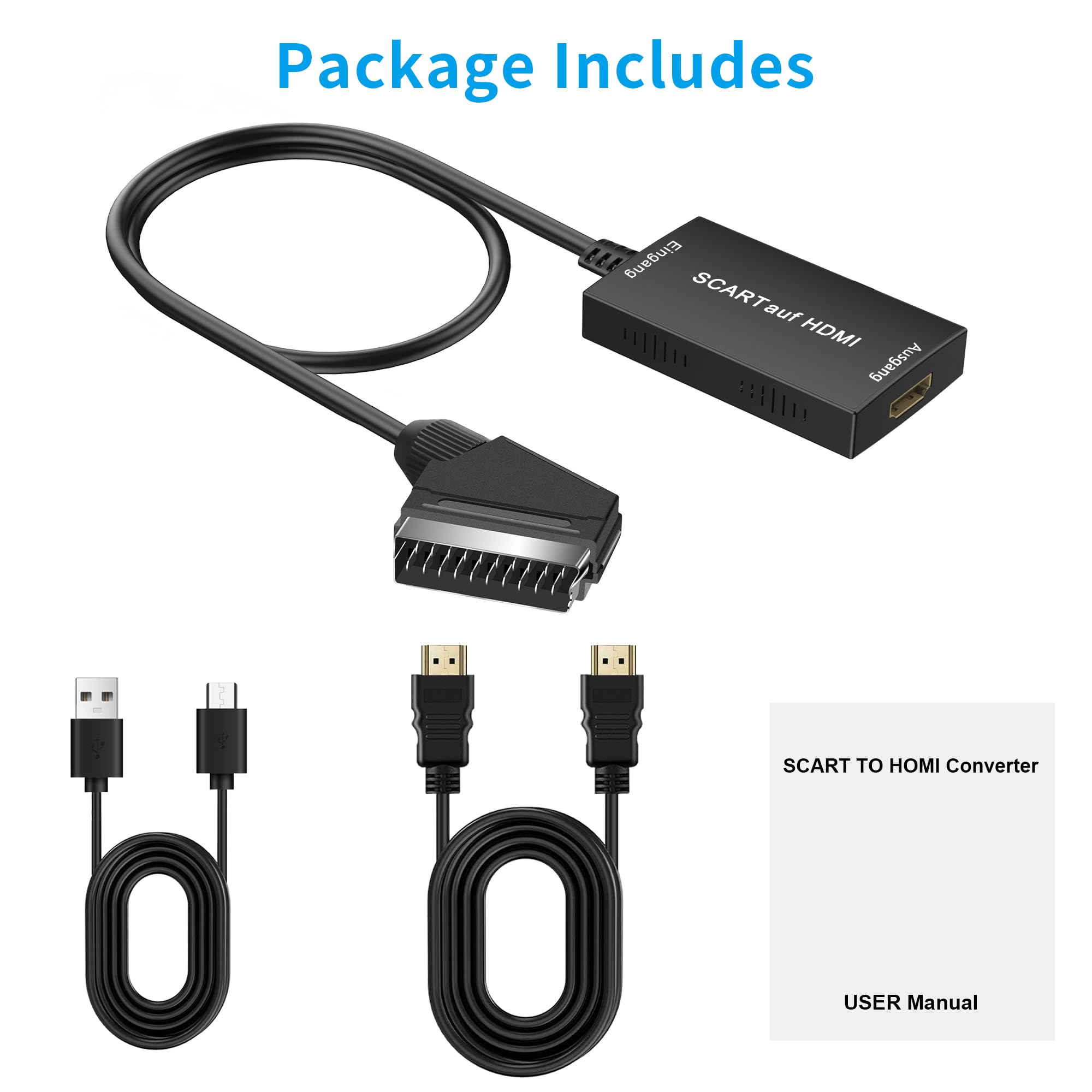Ein SCART-zu-HDMI-Konverter-Kit. Enthält Konverter, USB- und HDMI-Kabel und ein Handbuch.
