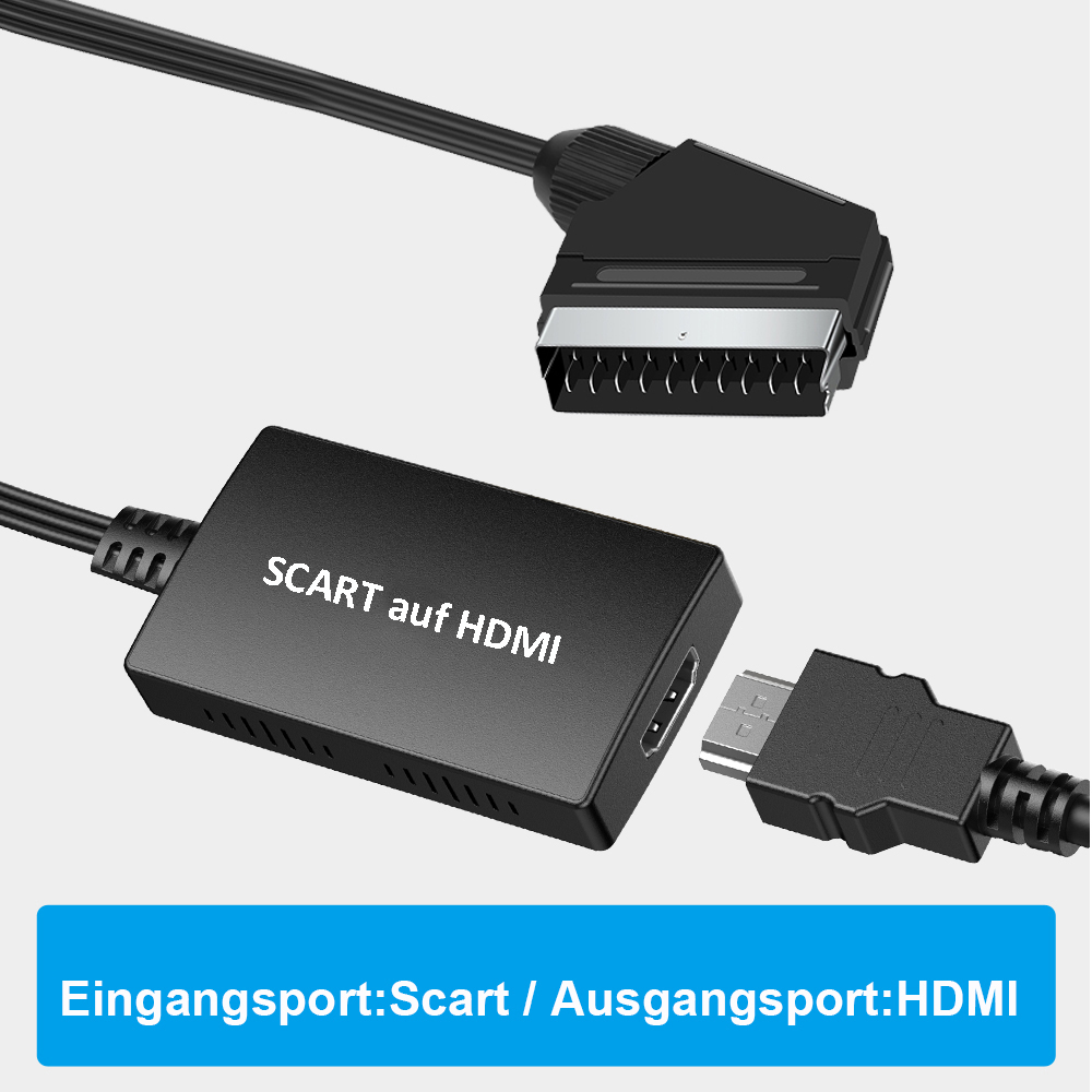 Ein Adapter, der SCART in HDMI umwandelt, mit einem SCART- und einem HDMI-Kabel sichtbar.