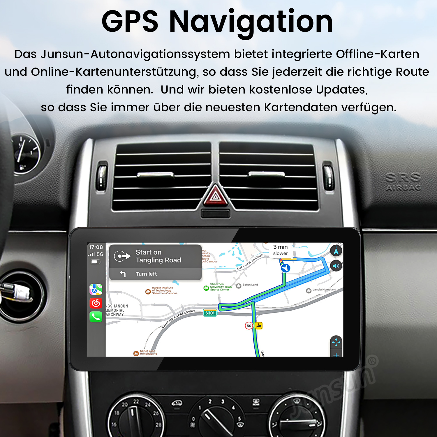 Deska rozdzielcza samochodu z ekranem nawigacji GPS wyświetlającym mapę i wskazówki.