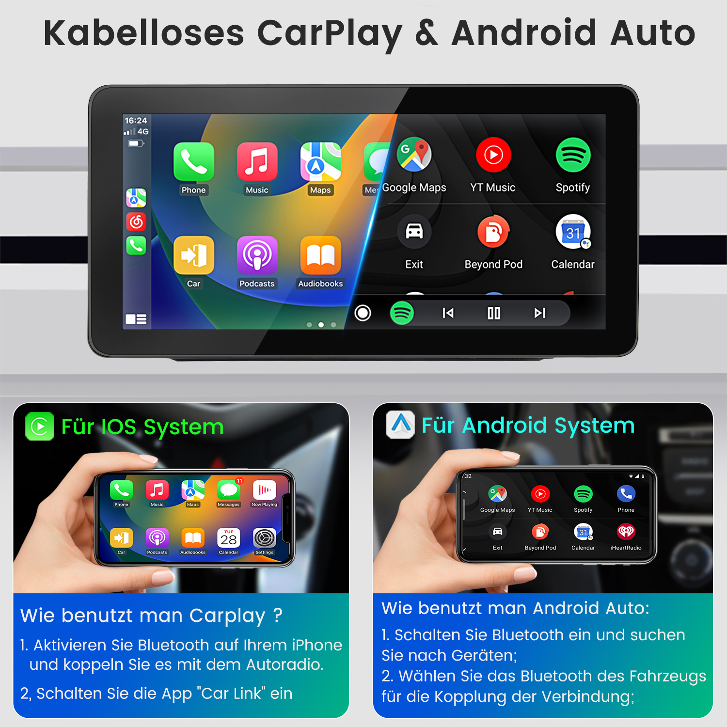Wyświetlacz Carplay pokazujący aplikacje. Poniżej instrukcje dla systemów iOS i Android z telefonami.