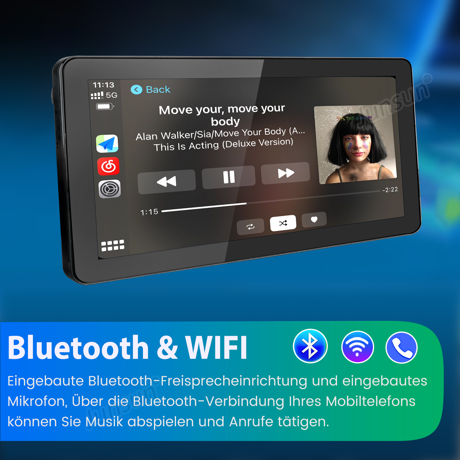 Czarny ekran wyświetla elementy sterowania muzyką i piosenkę. Wyświetlane są ikony Bluetooth i Wi-Fi.