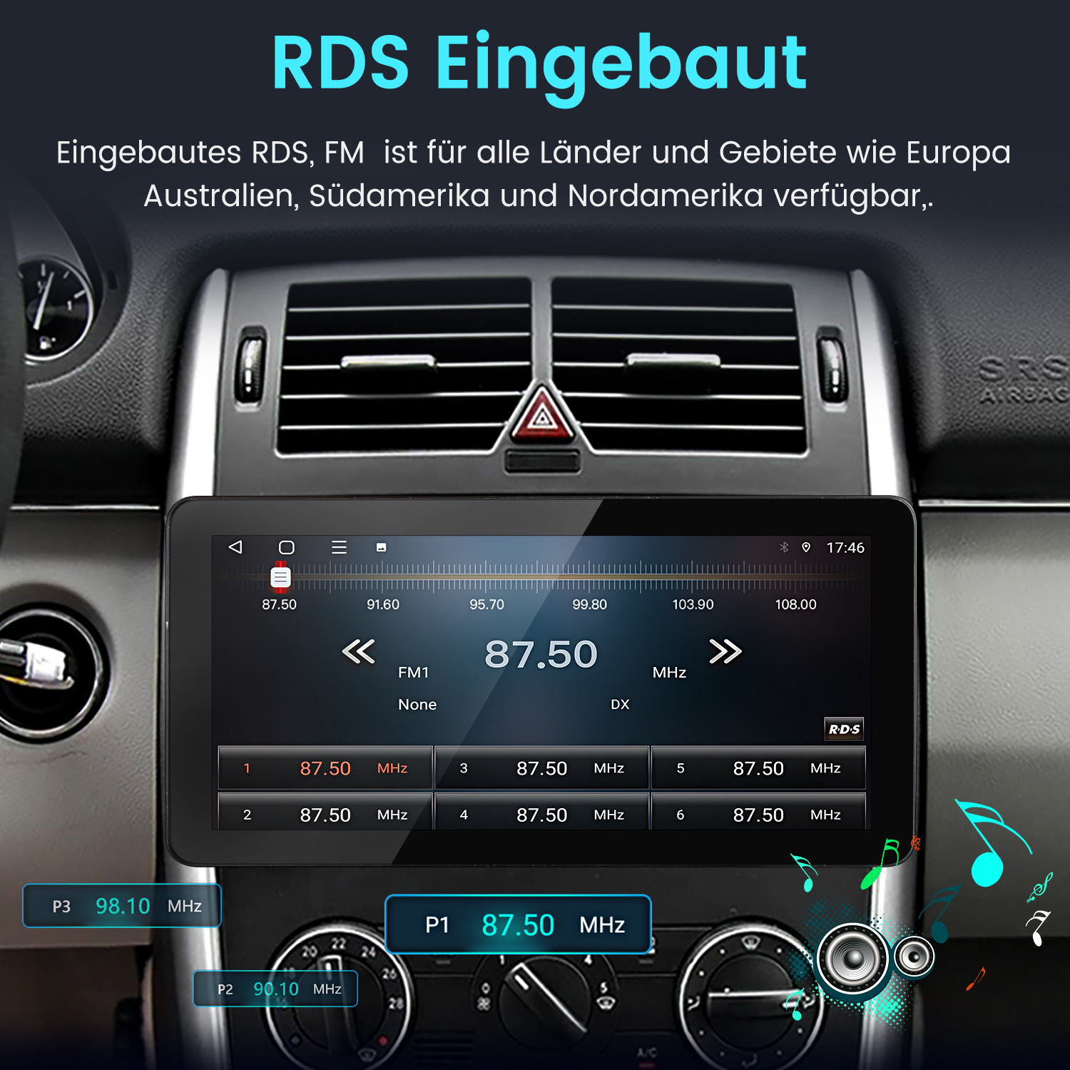 Schermo autoradio che mostra informazioni radio. Il testo sullo schermo include '87.50 MHz' e 'RDS'.