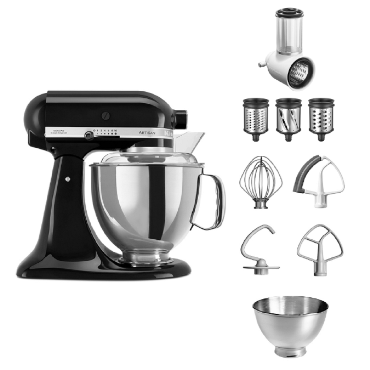 Ein schwarzer KitchenAid Küchenmixer mit verschiedenen Aufsätzen, einschließlich einer Schüssel.