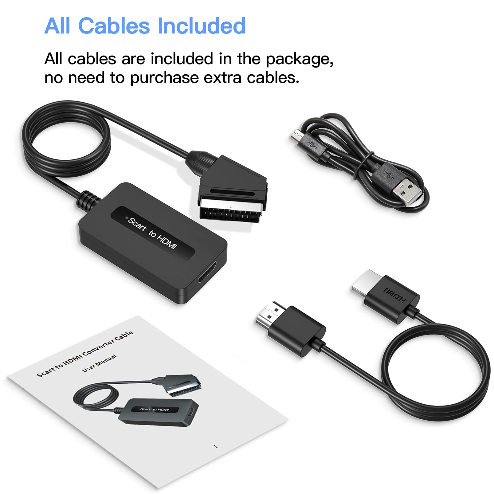 Verschiedene Kabel und ein Konverter werden mit einer Bedienungsanleitung angezeigt.