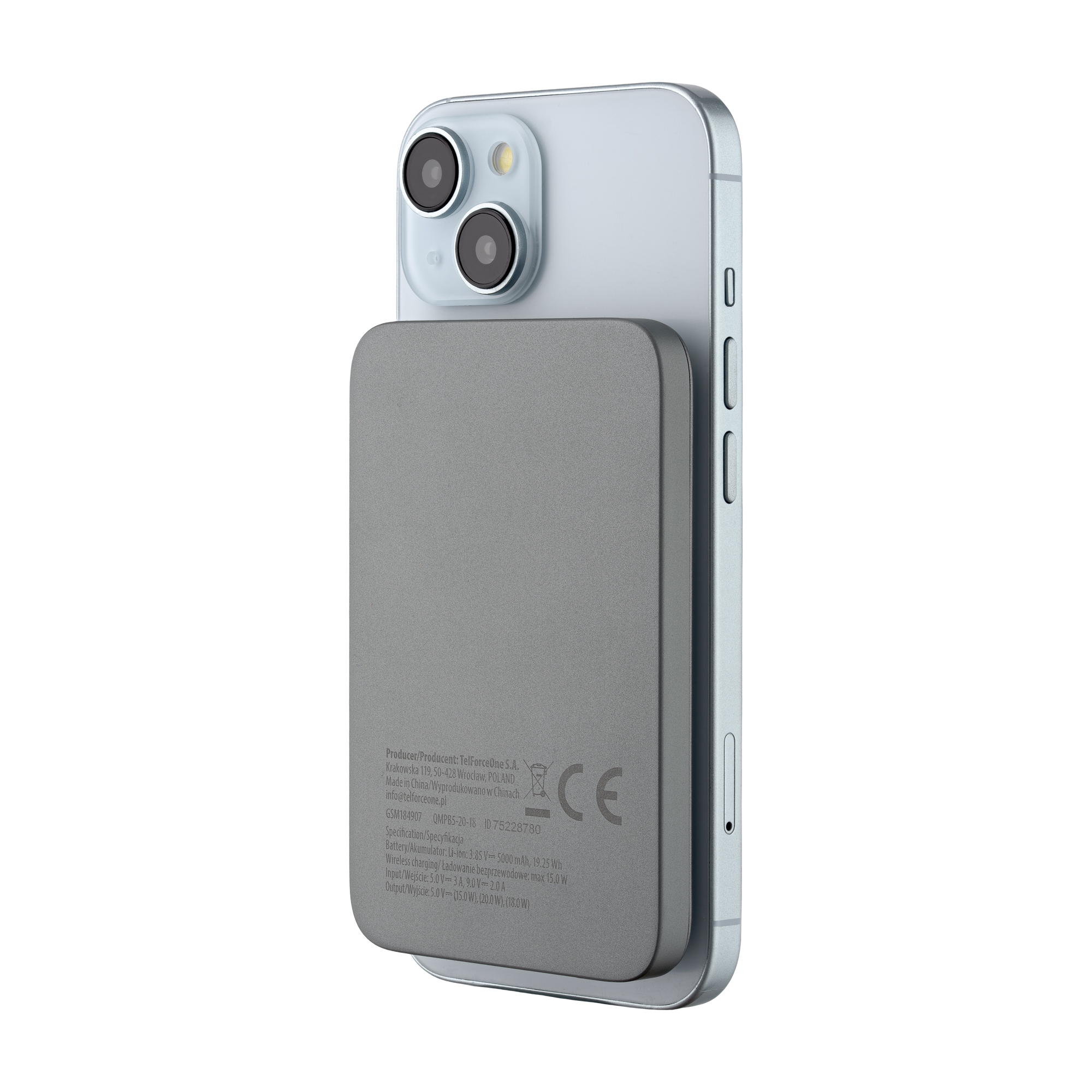 Szary telefon z szarym power bankiem przymocowanym do tyłu. Power bank zawiera informacje.