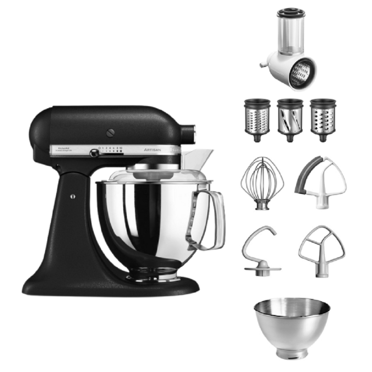 Schwarzer KitchenAid Artisan Küchenmixer mit verschiedenen Aufsätzen, einschließlich einer Schüssel und einem Reibe.