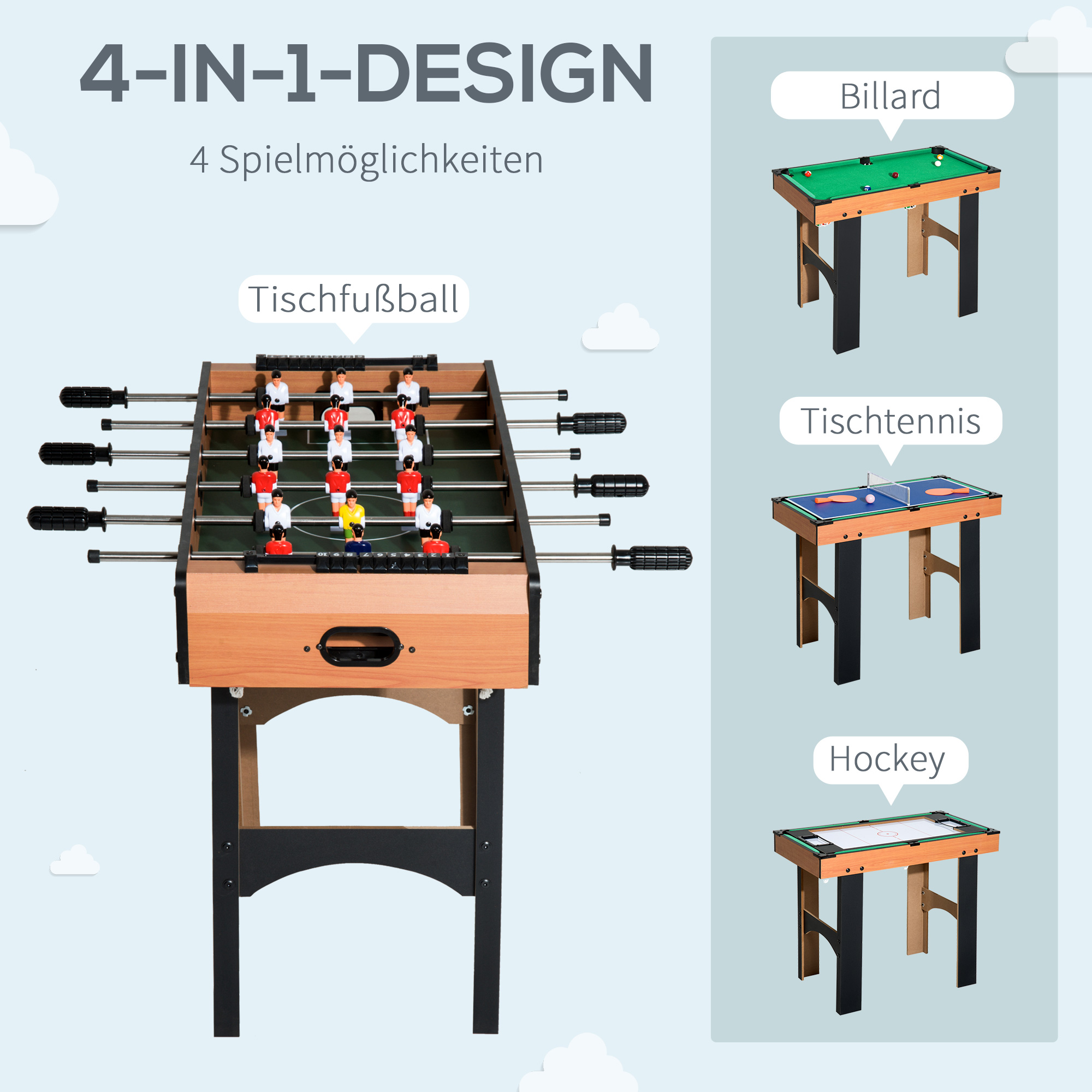 4-in-1 Spieltisch mit Tischfußball, Billard, Tischtennis und Hockey-Optionen.
