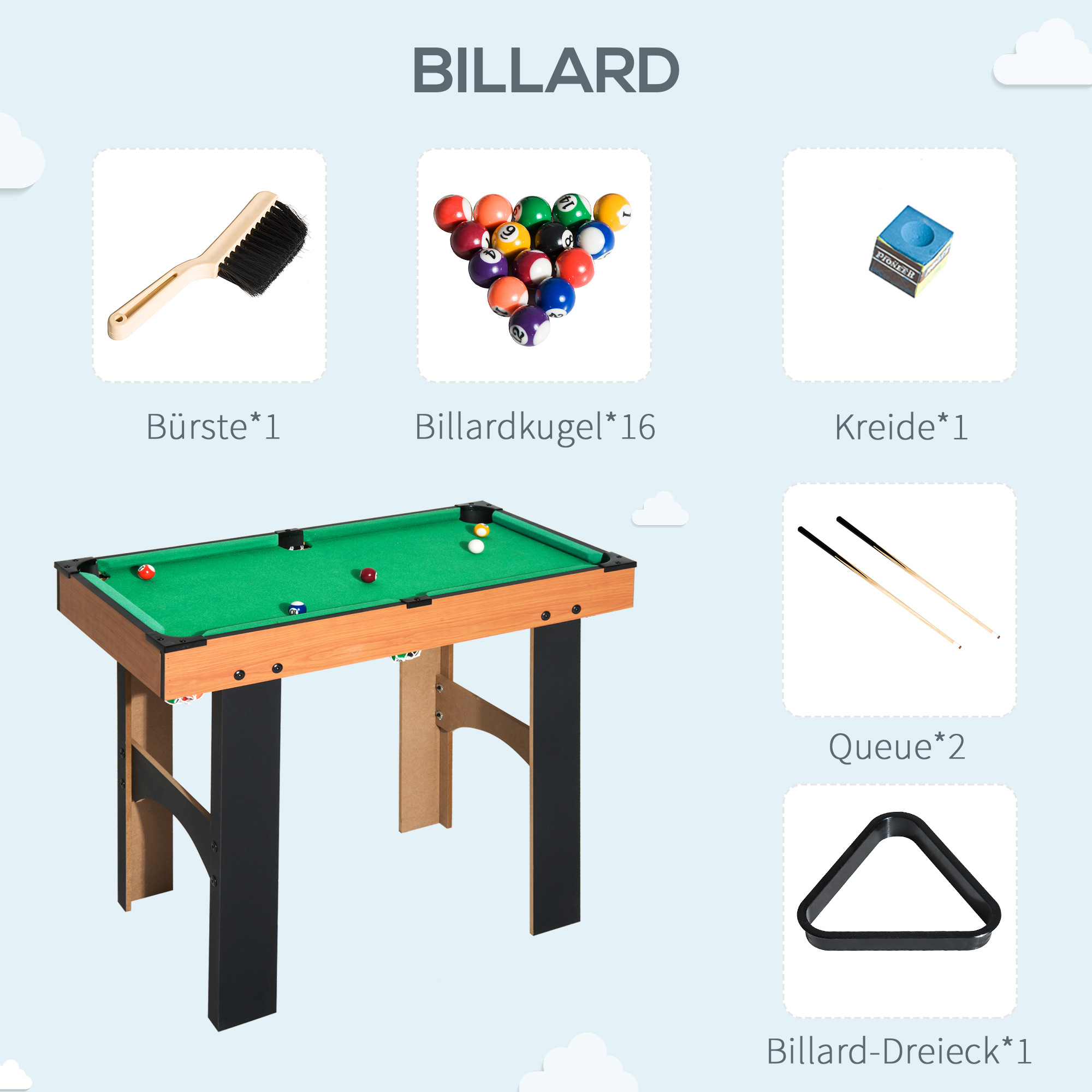 Ein Billardtisch mit Zubehör: Bürste, Kugeln, Kreide, Queues und ein Dreieck.