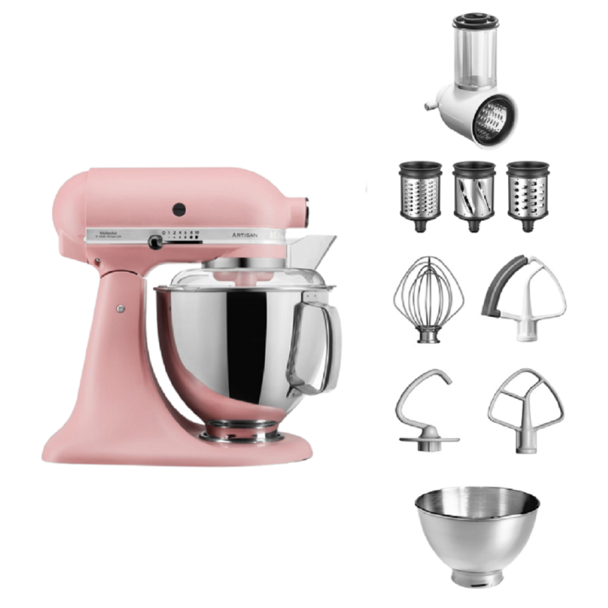 Rosa KitchenAid-Mixer mit Aufsätzen: Reibe, Schneebesen und Rührschüssel.