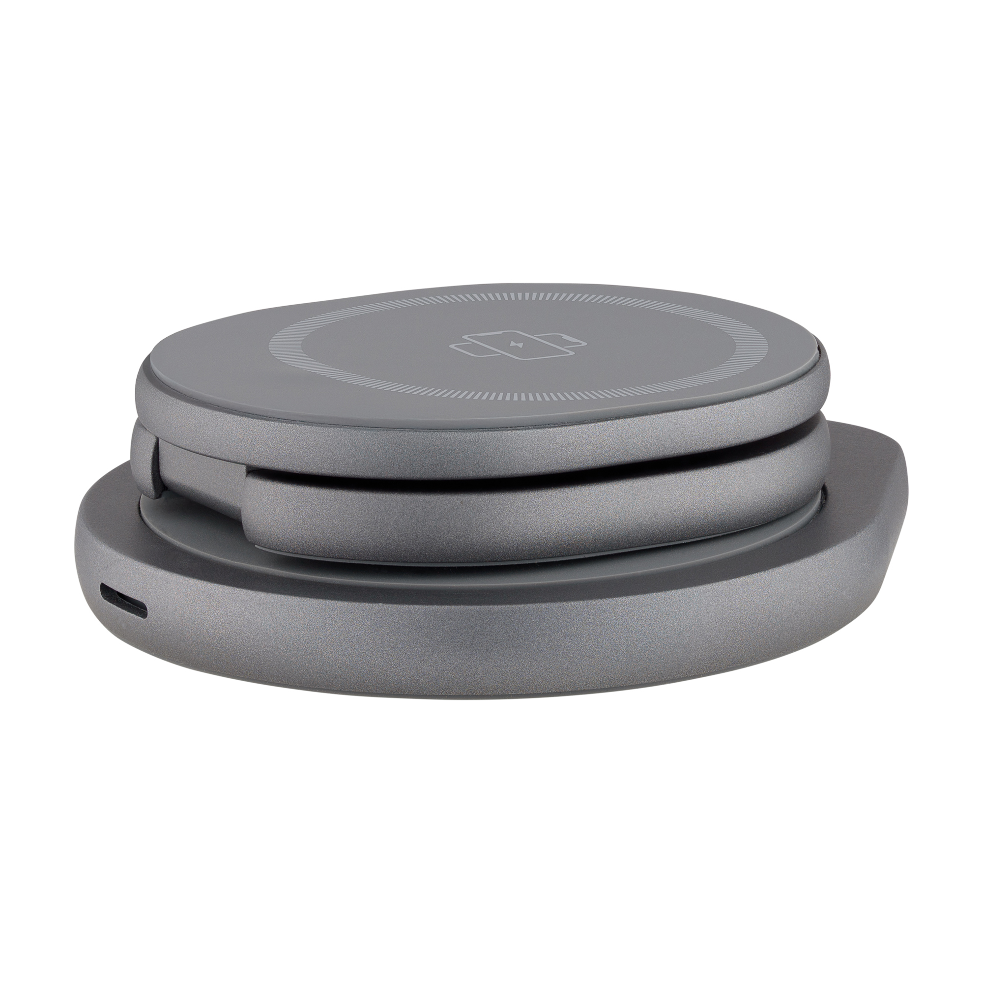 Szara, składana ładowarka bezprzewodowa. Ma symbol ładowania i port USB-C.