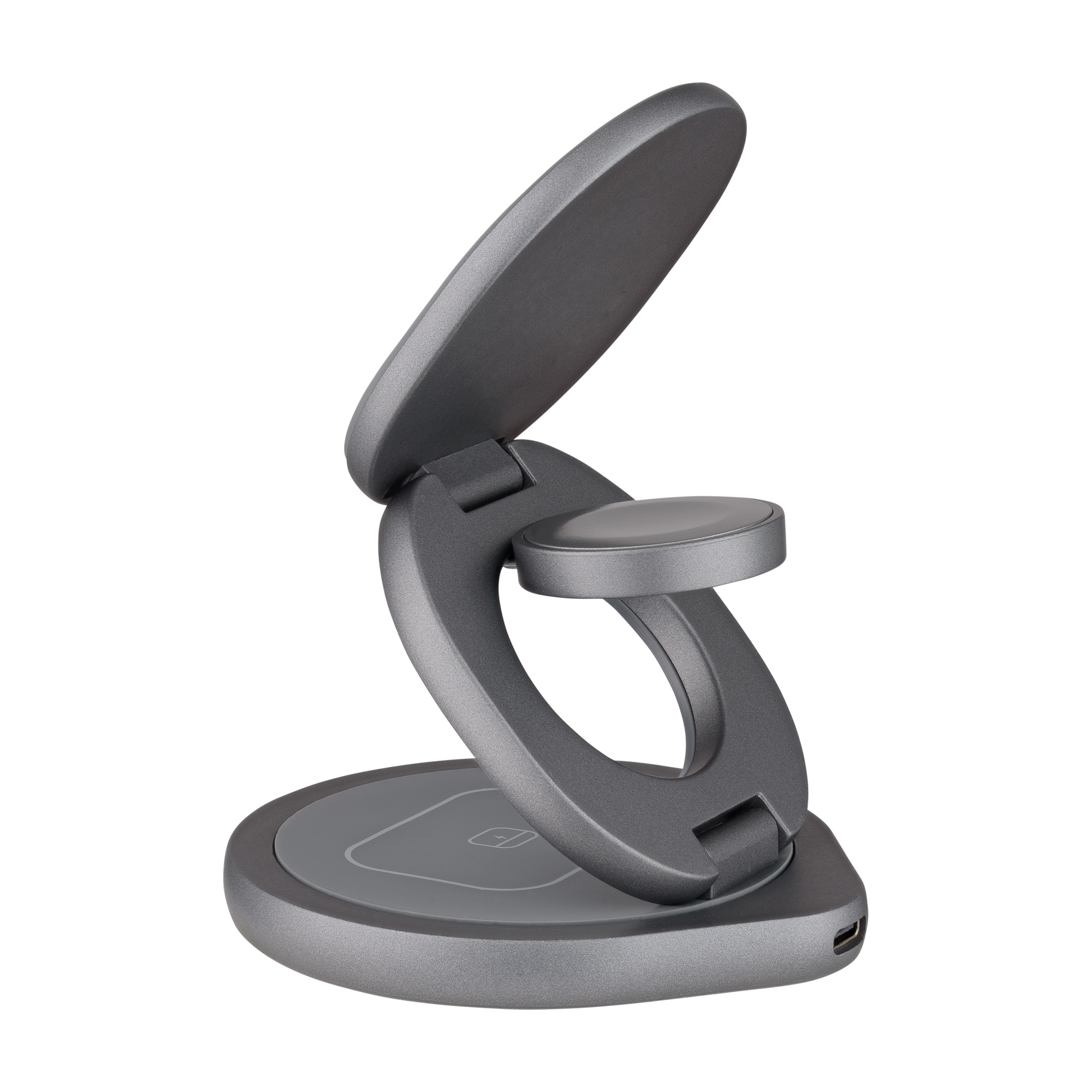 Szara stacja ładująca do telefonu i zegarka. Design jest zakrzywiony i futurystyczny.