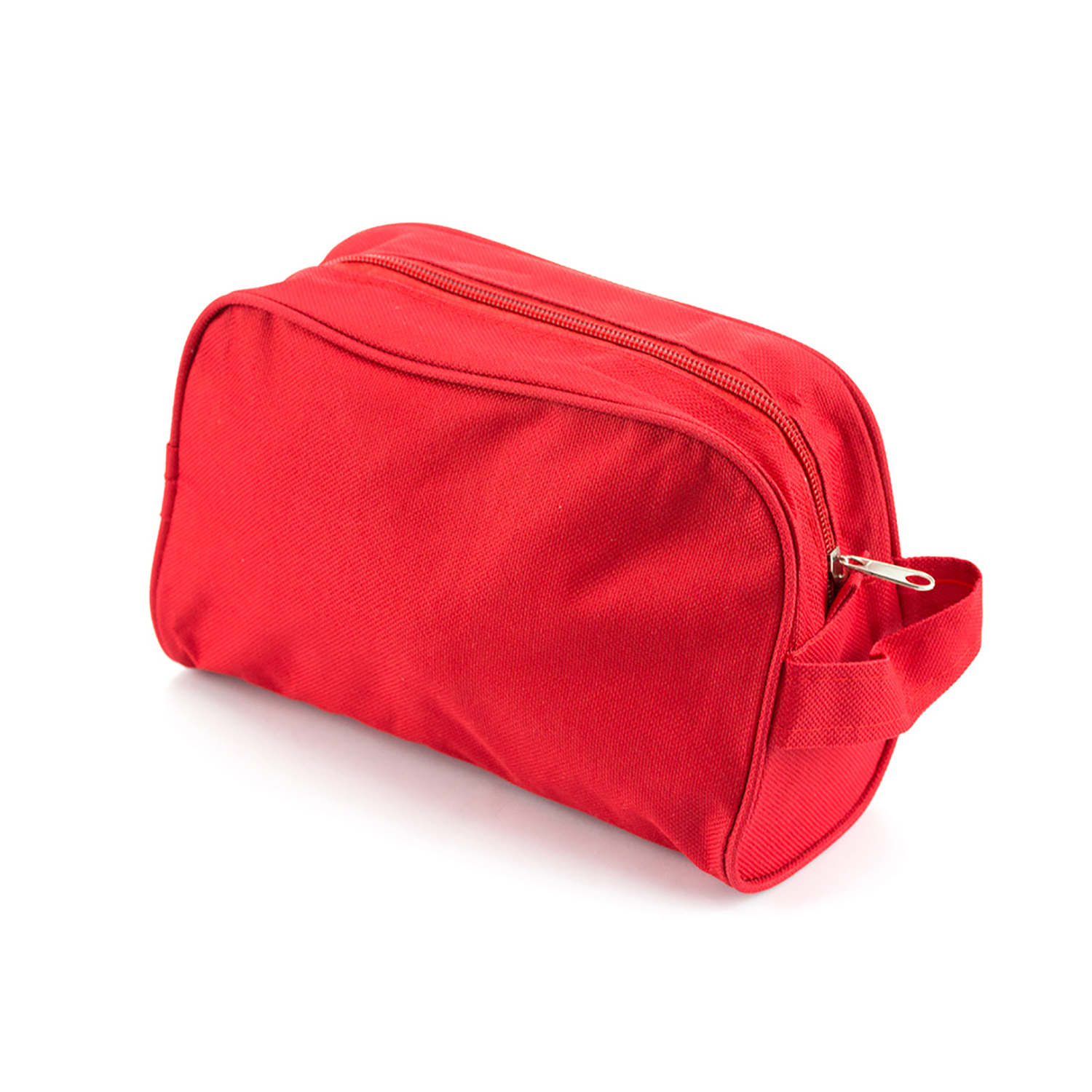 Eine rote, rechteckige Kulturtasche auf weißem Untergrund, mit Reißverschluss und Griff.