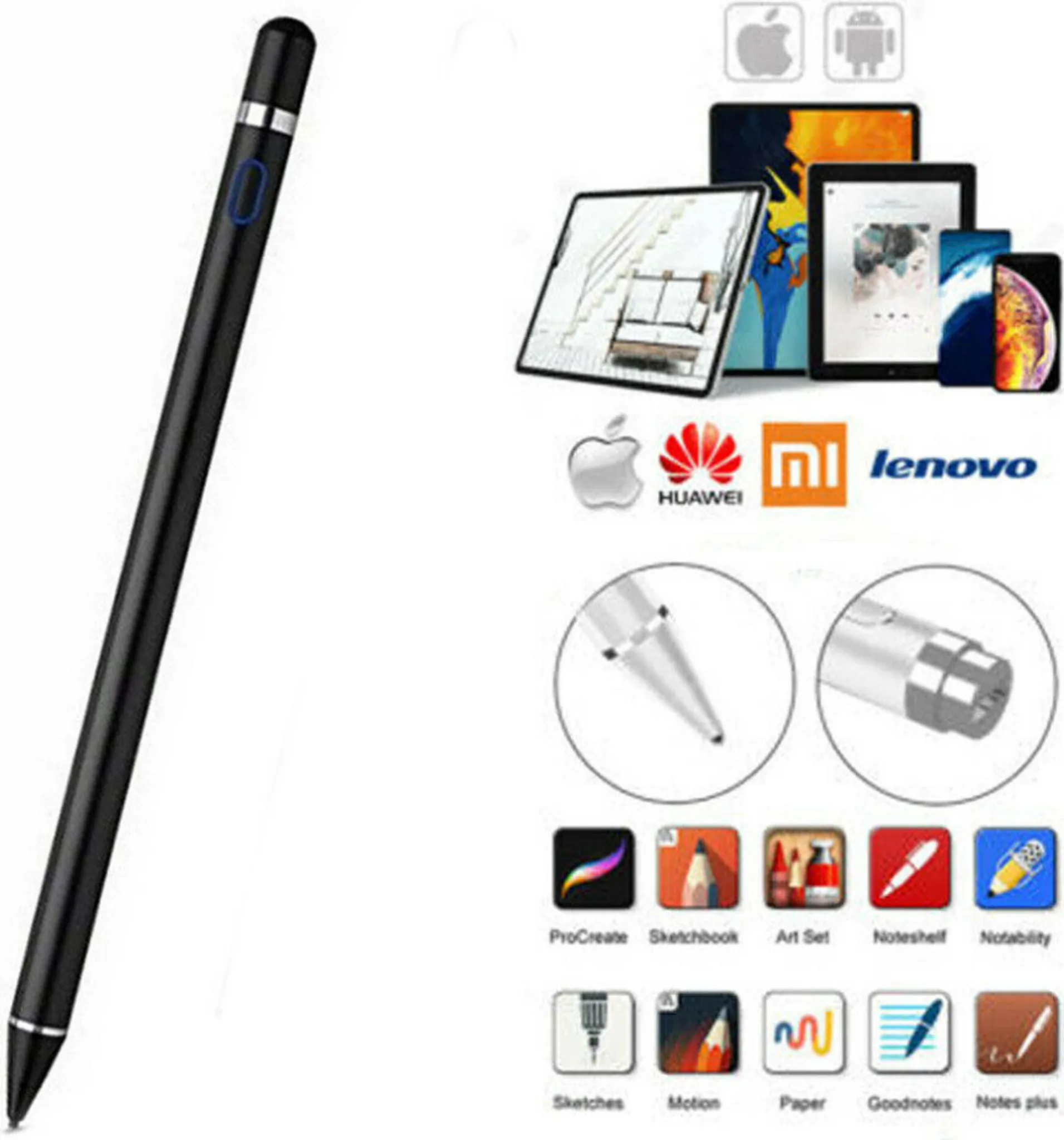 Schwarzer Eingabestift mit blauem Knopf. Mehrere Tablets und Smartphones mit Symbolen und unterstützender Software.