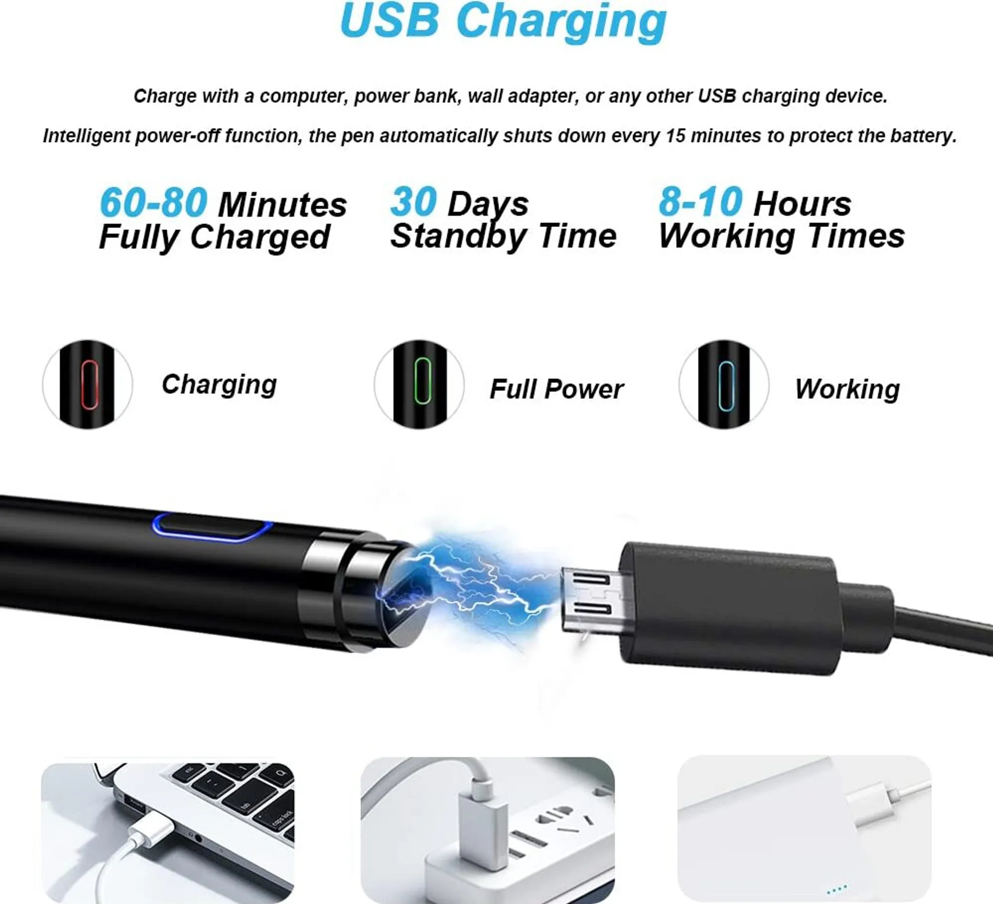 USB-Ladestift mit Ladesymbolen und -zeiten. Laptop, Wandadapter und Powerbank.
