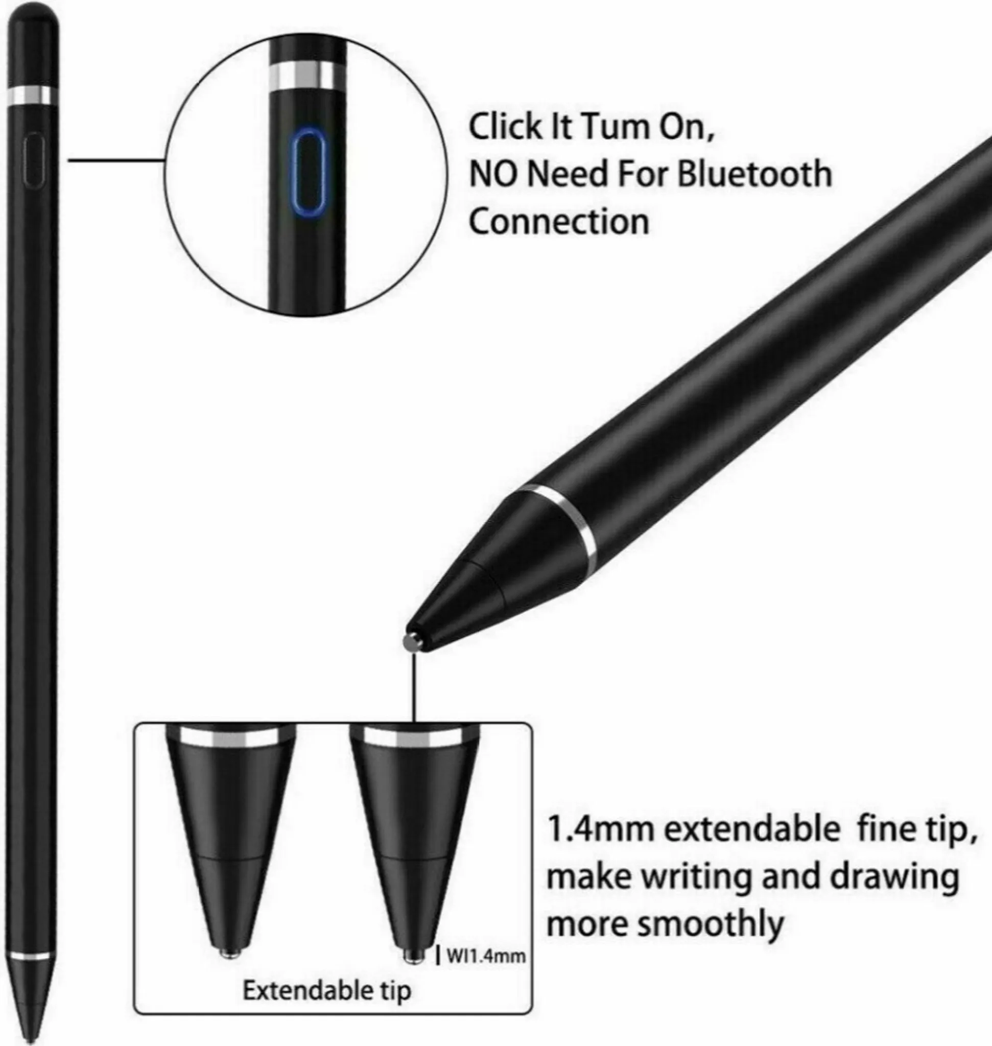 Schwarzer Eingabestift mit Details. Der Stift hat eine feine Spitze. Kann ohne Bluetooth verwendet werden.