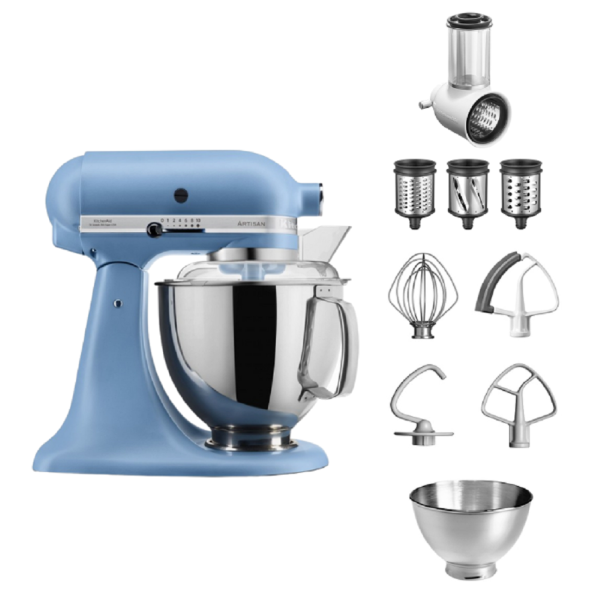 Blauer KitchenAid-Küchenmixer mit Aufsätzen: Reibe, Raspeln, Schneebesen, Knethaken und Schüssel.